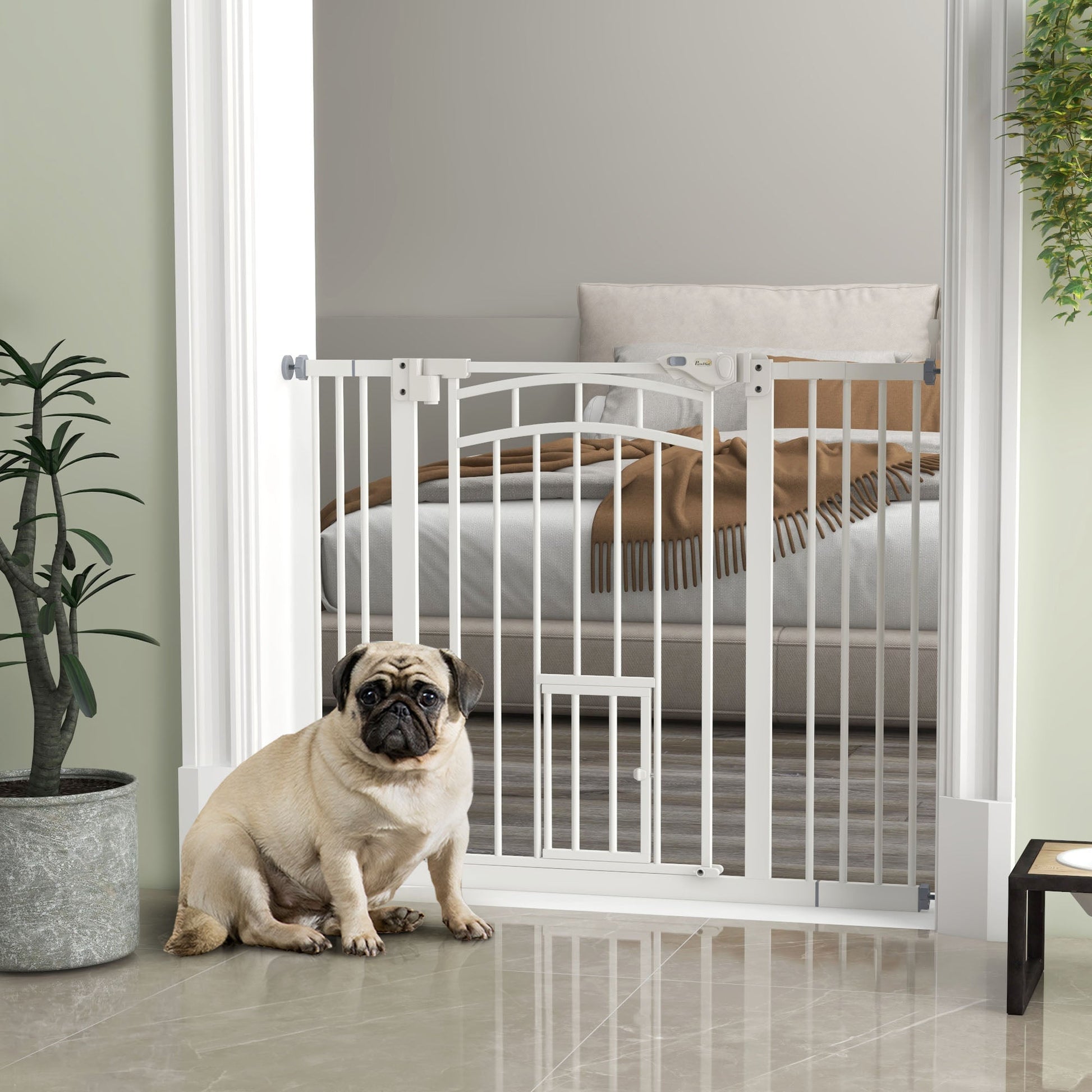 Dog Stair Gate Pet Barrier with Small Cat Door, Pressure Fit Safety Gate  with Auto Closing System, Double Locking, for Hallways, 74-100 cm Openings - White