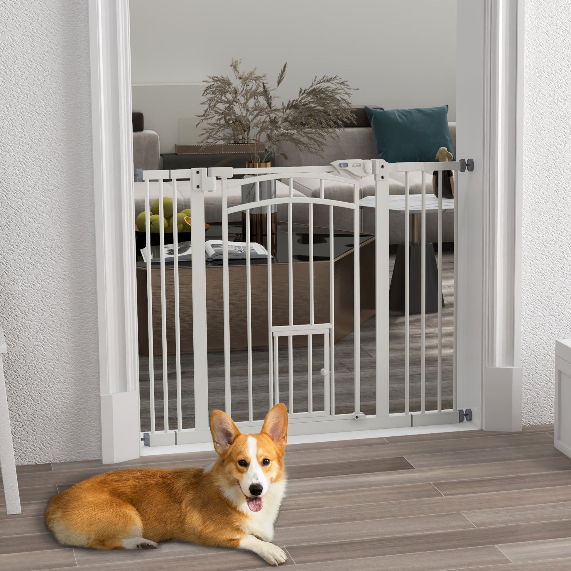 Dog Stair Gate Pet Barrier with Small Cat Door, Pressure Fit Safety Gate  with Auto Closing System, Double Locking, for Hallways, 74-100 cm Openings - White
