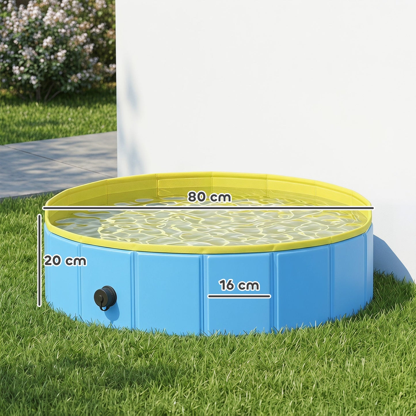 Foldable Dog Pool for Puppies and Ducks, Thickened PVC Dog Paddling Pool Bath Tub Hard Board, Anti-Slip Bottom and Hose Adapter for Easy Drainage, 80 x 20cm, Blue and Yellow