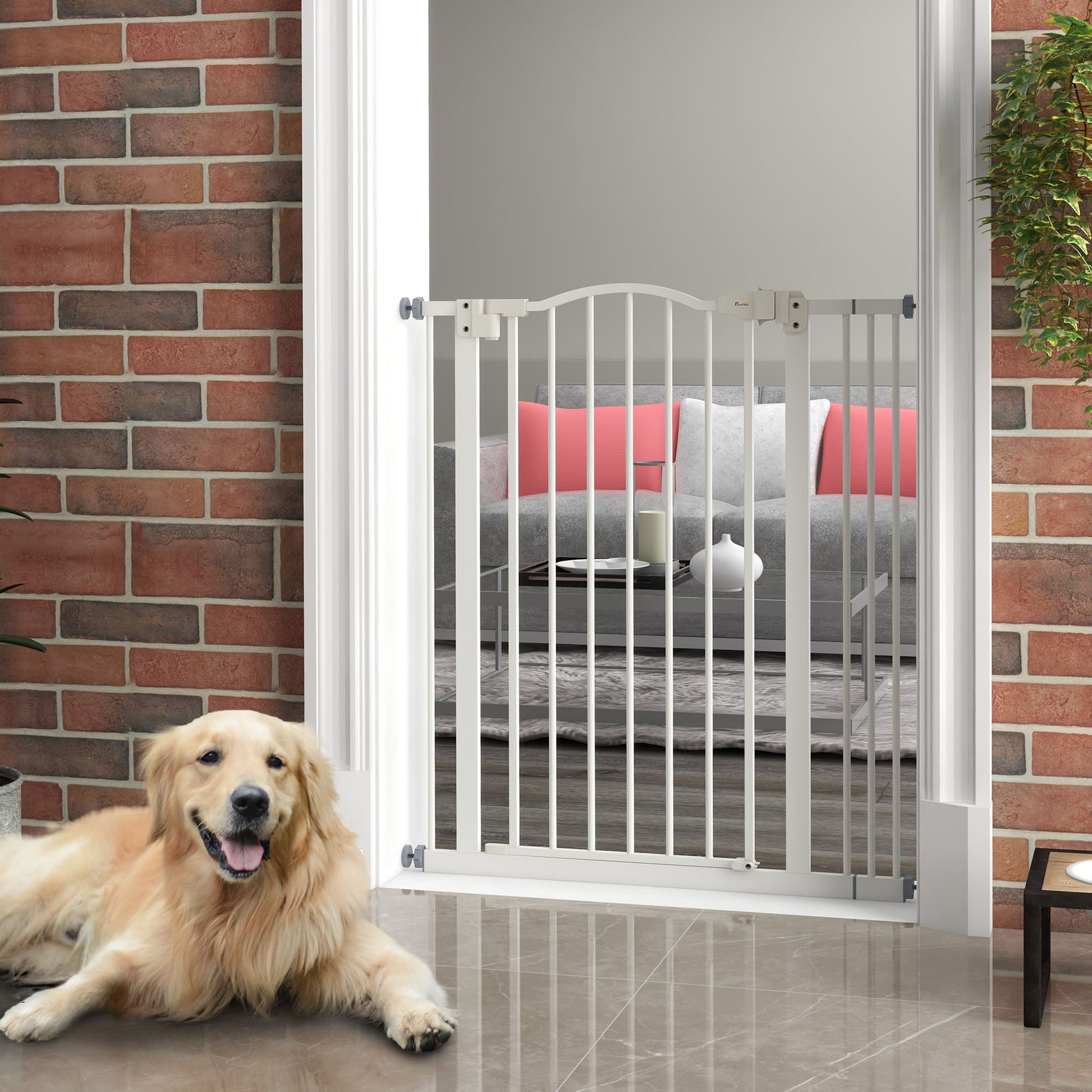 Pressure Fit Dog Stair Gate No Drilling Safety Gate Auto Close for Doorways, Hallways, 74-87cm Adjustable, 94cm Tall, White