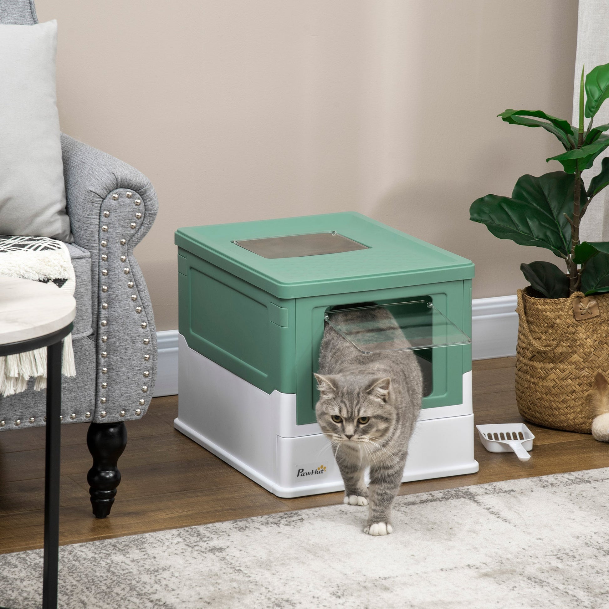 Cat Litter Tray with Hood Enclosed Cat Litter Box Pet Toilet w/ Lid, Scoop, Front Entry, 47.5 x 35.5 x 36.7cm - Green