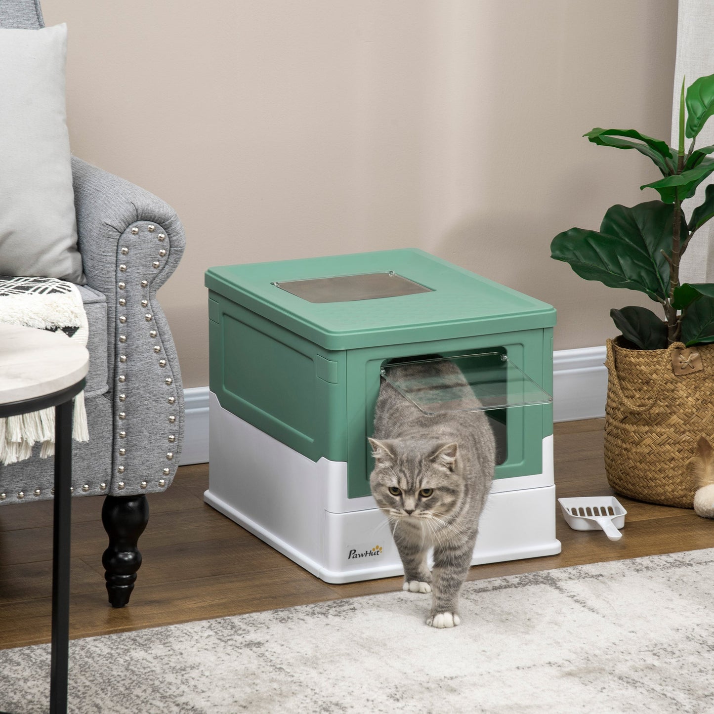 Cat Litter Tray with Hood Enclosed Cat Litter Box Pet Toilet w/ Lid, Scoop, Front Entry, 47.5 x 35.5 x 36.7cm - Green