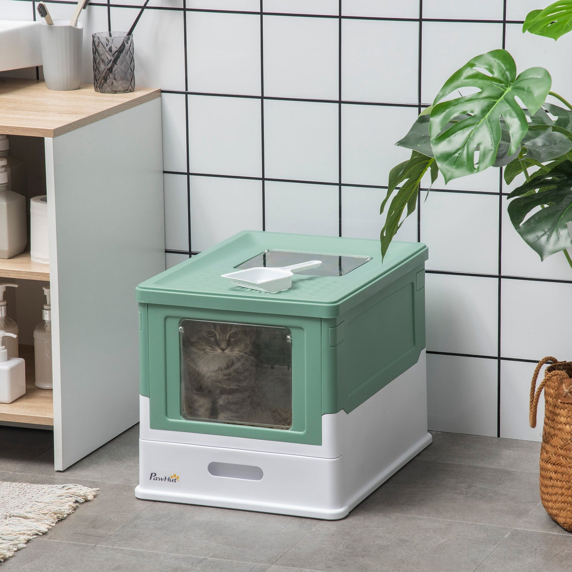 Cat Litter Tray with Hood Enclosed Cat Litter Box Pet Toilet w/ Lid, Scoop, Front Entry, 47.5 x 35.5 x 36.7cm - Green
