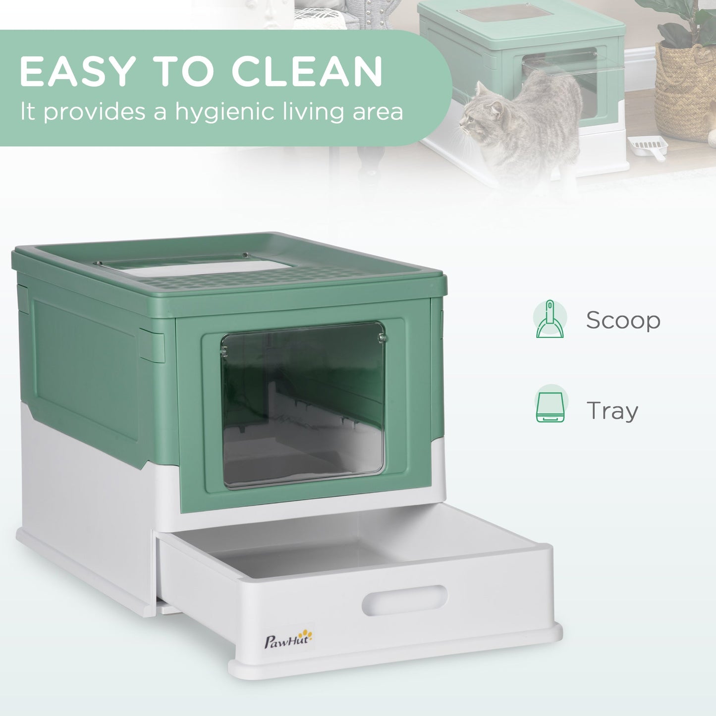 Cat Litter Tray with Hood Enclosed Cat Litter Box Pet Toilet w/ Lid, Scoop, Front Entry, 47.5 x 35.5 x 36.7cm - Green