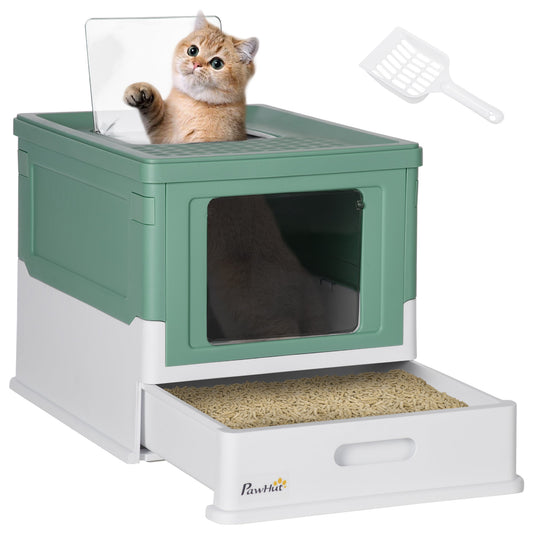 Cat Litter Tray with Hood Enclosed Cat Litter Box Pet Toilet w/ Lid, Scoop, Front Entry, 47.5 x 35.5 x 36.7cm - Green