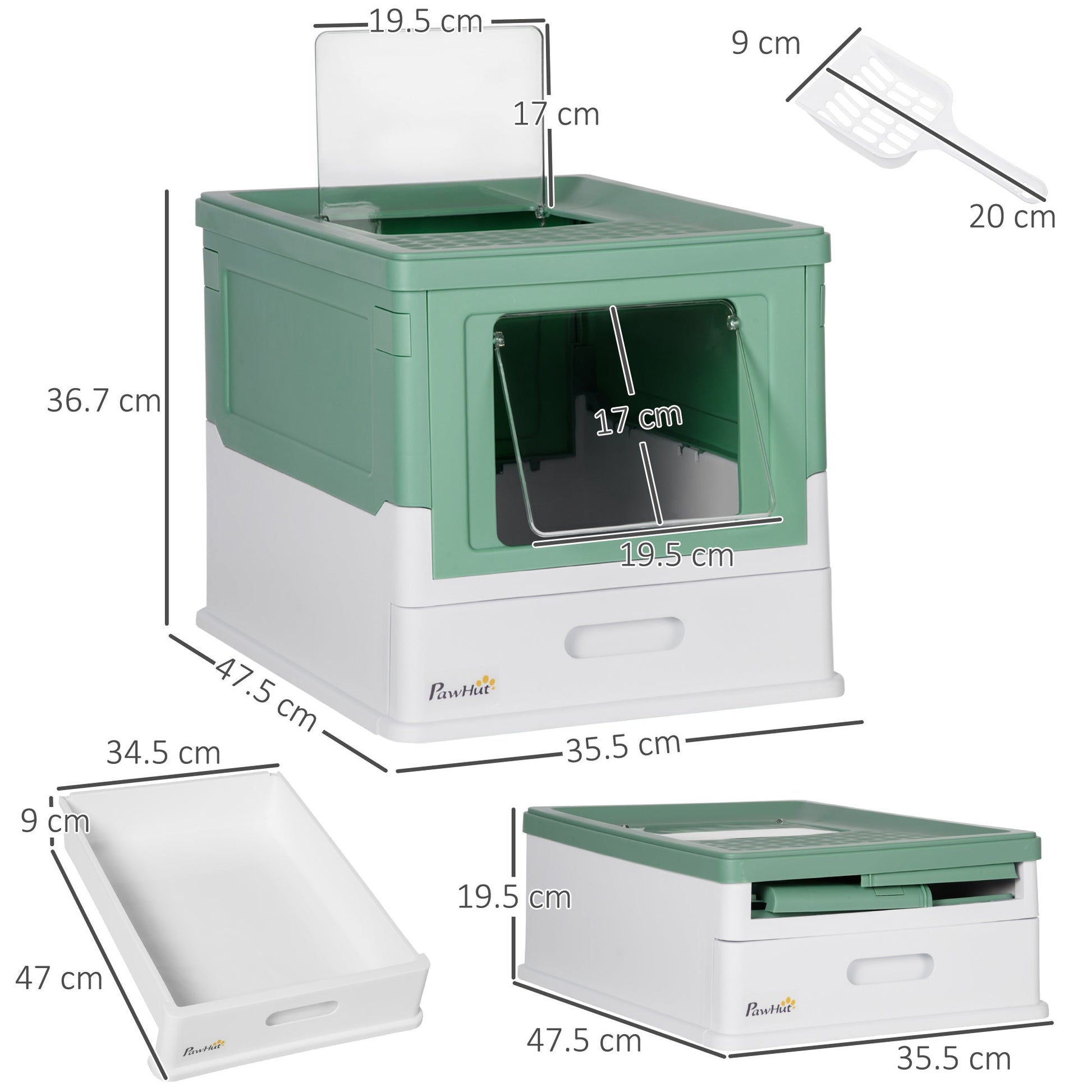 Cat Litter Tray with Hood Enclosed Cat Litter Box Pet Toilet w/ Lid, Scoop, Front Entry, 47.5 x 35.5 x 36.7cm - Green