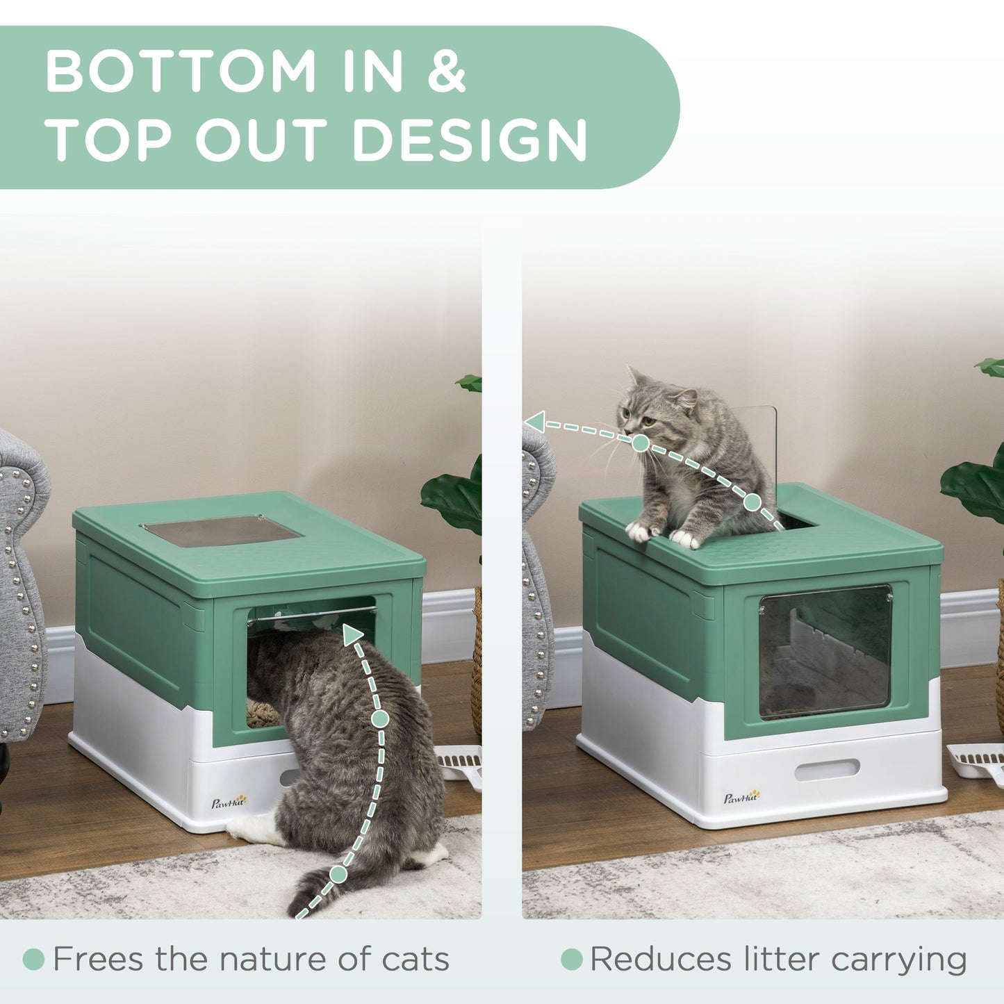 Cat Litter Tray with Hood Enclosed Cat Litter Box Pet Toilet w/ Lid, Scoop, Front Entry, 47.5 x 35.5 x 36.7cm - Green
