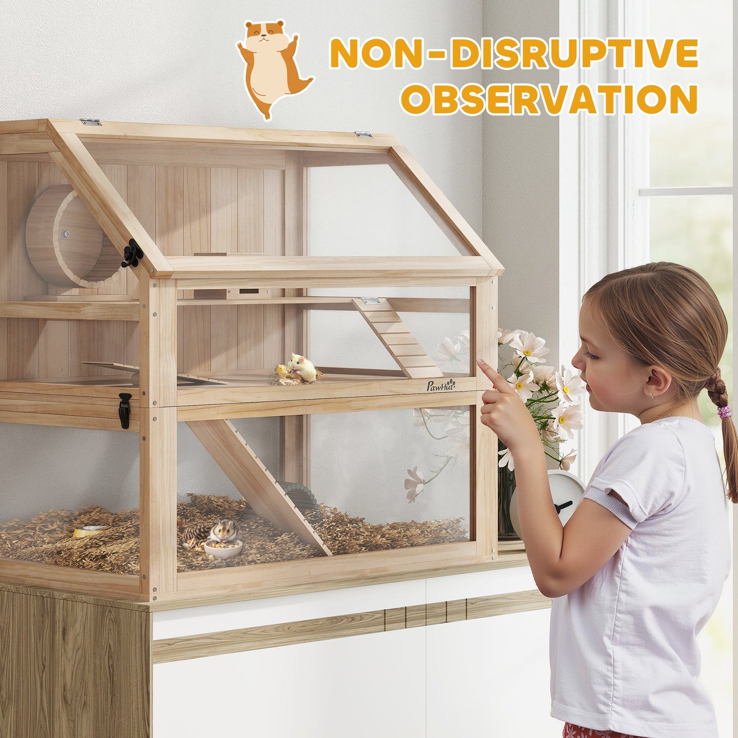 Wooden Hamster Cage, 3 Tier Small Gerbil Cage with Detachable 31cm Deep Bottom, Hut, Seesaw, Exercise Wheel, Ramps, Natural Wood Finish