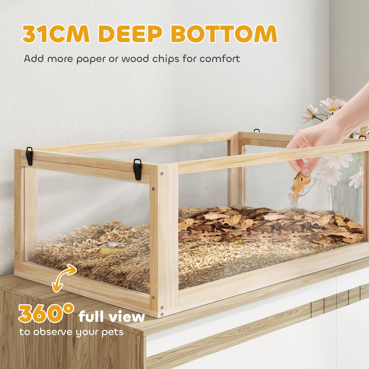 Wooden Hamster Cage, 3 Tier Small Gerbil Cage with Detachable 31cm Deep Bottom, Hut, Seesaw, Exercise Wheel, Ramps, Natural Wood Finish