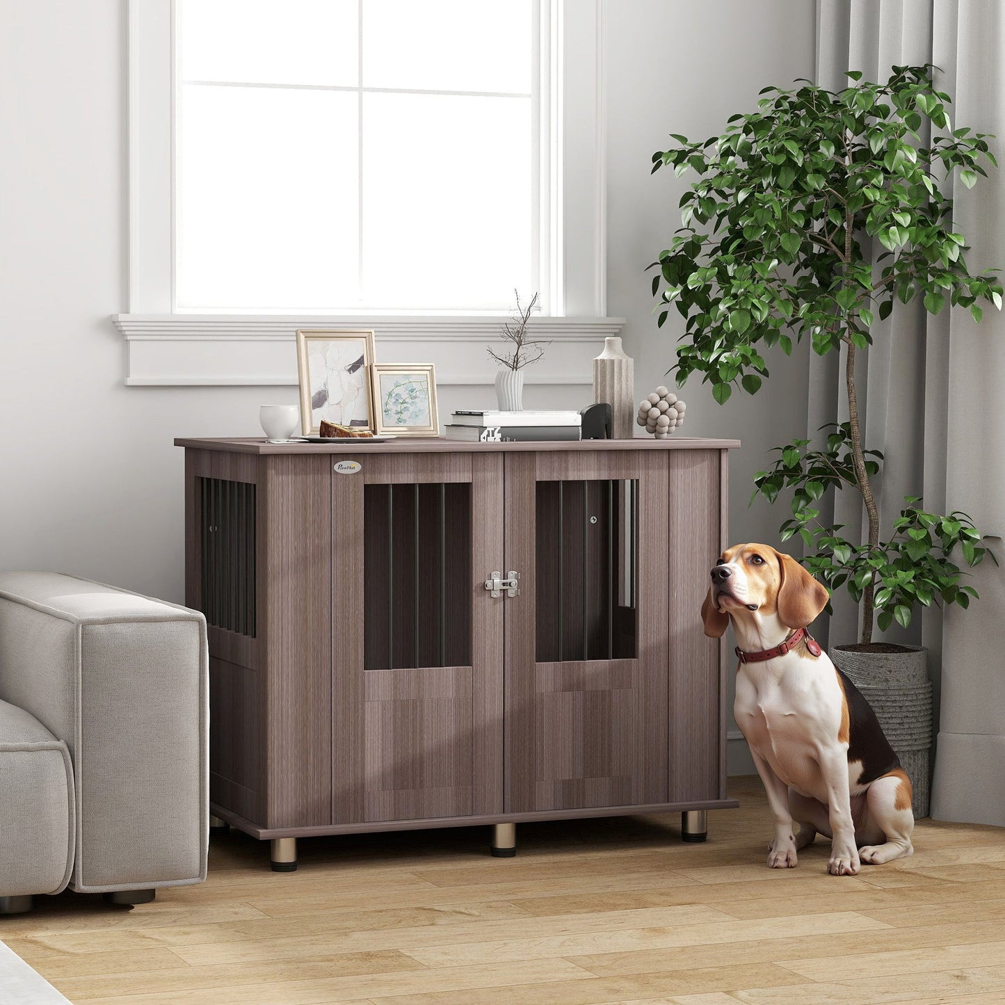 Dog Crate Furniture End Table, Pet Kennel for Medium Large Dogs with Magnetic Door Indoor Animal Cage, Purple, 95 x 55 x 75 cm