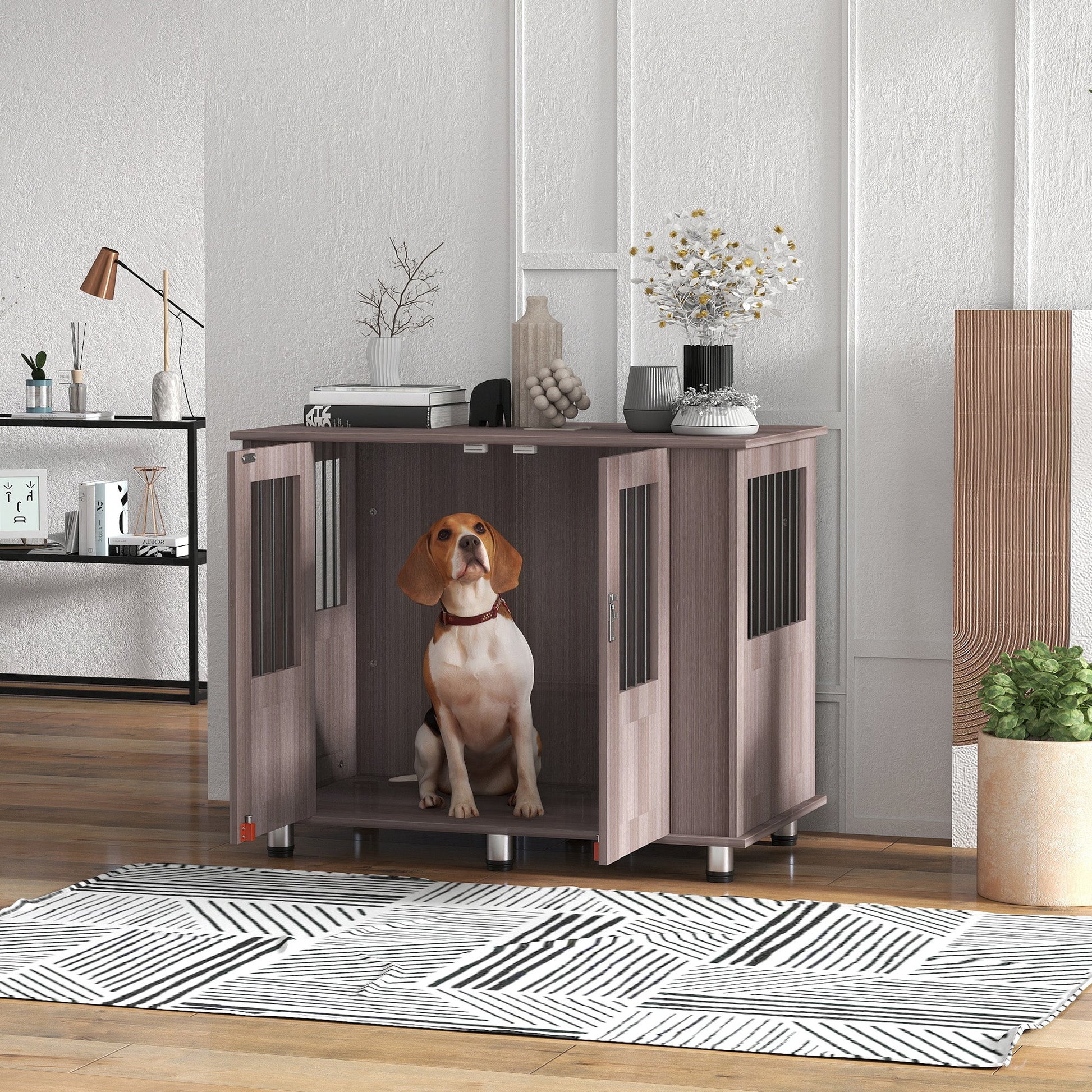 Dog Crate Furniture End Table, Pet Kennel for Medium Large Dogs with Magnetic Door Indoor Animal Cage, Purple, 95 x 55 x 75 cm
