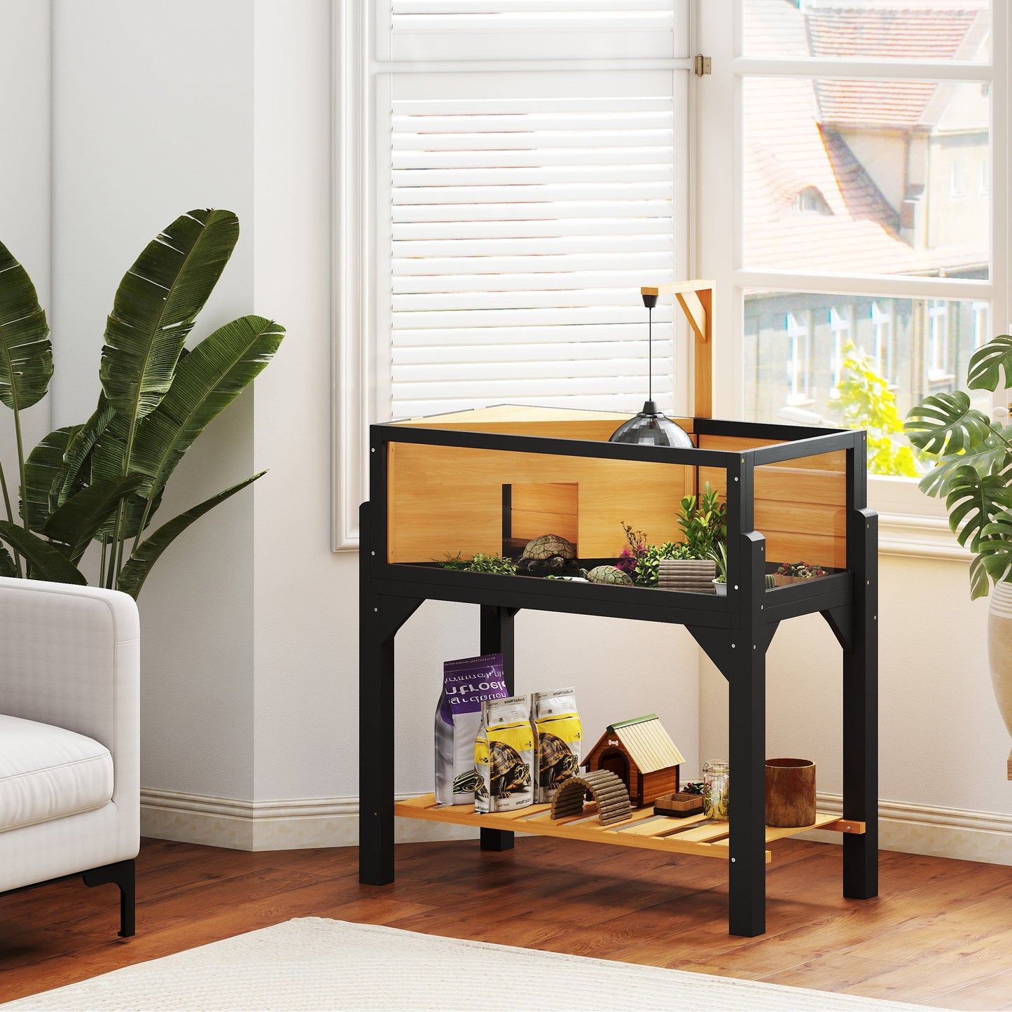 Wooden Tortoise House with Storage Shelf, Tortoise Enclosure Habitat with Clear Windows, Lamp Holder, Openable Top, Built-in Tray, for Indoor Use, Yellow