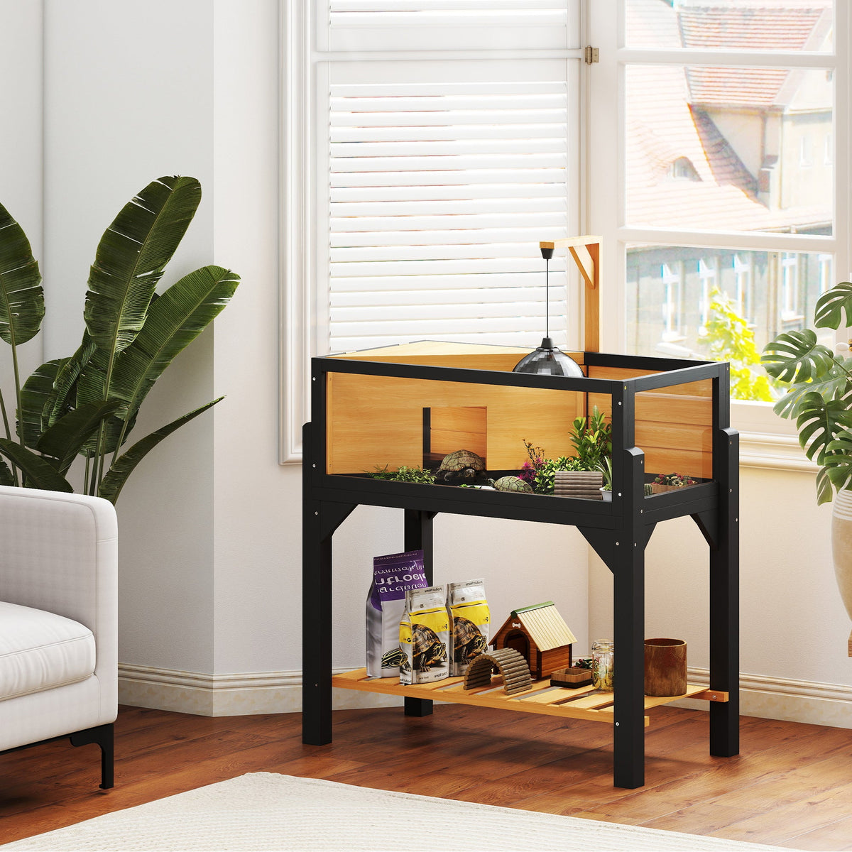 Wooden Tortoise House with Storage Shelf, Tortoise Enclosure Habitat with Clear Windows, Lamp Holder, Openable Top, Built-in Tray, for Indoor Use, Yellow