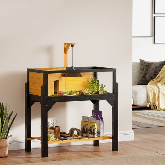 Wooden Tortoise House with Storage Shelf, Tortoise Enclosure Habitat with Clear Windows, Lamp Holder, Openable Top, Built-in Tray, for Indoor Use, Yellow