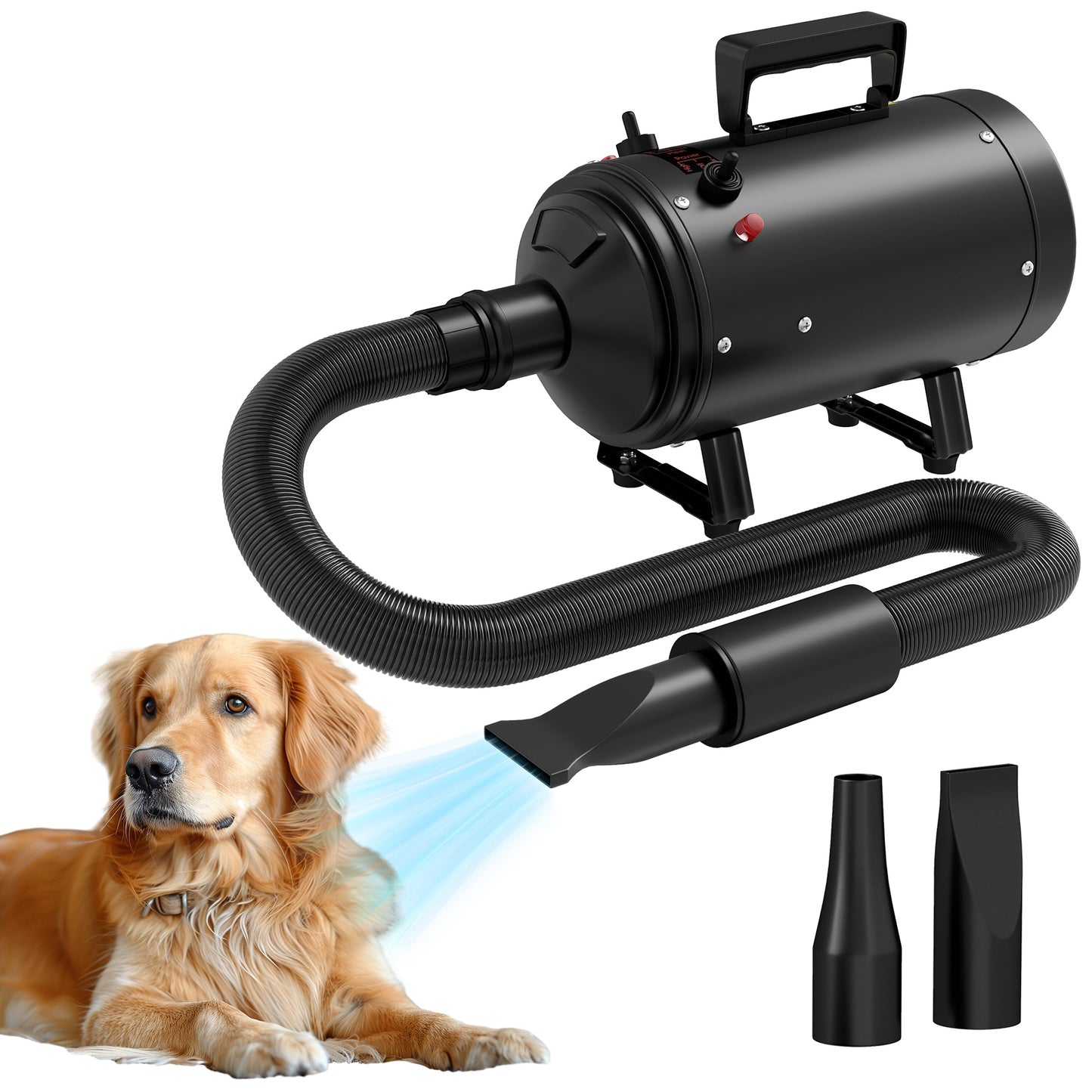 Dog Hair Dryer, 2200W Pet Grooming Hair Dryer with Adjustable Temperature & Velocity, Professional Low Noise Dog Blaster with 3 Different Nozzles, Black