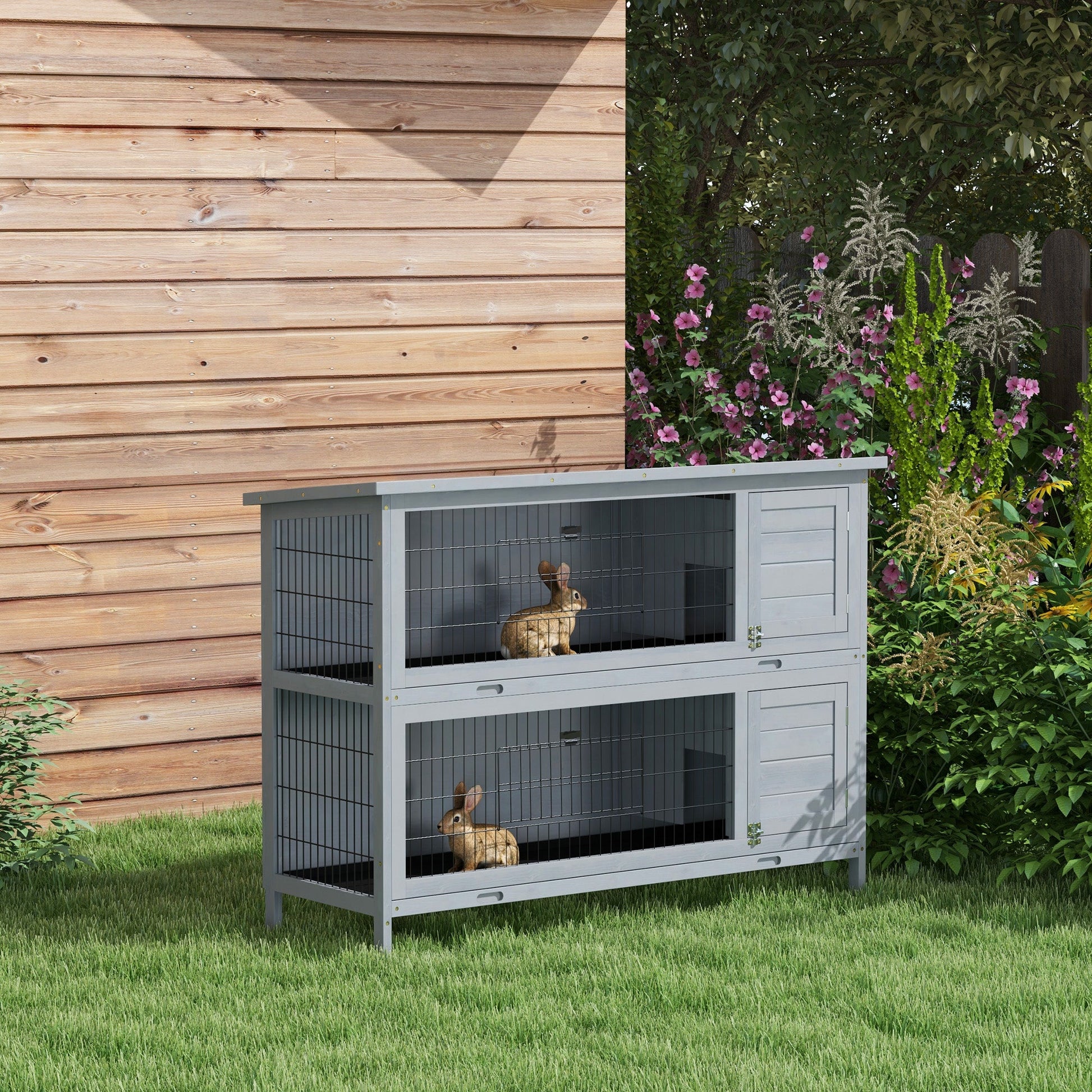 Rabbit Hutch Outdoor Guinea Pig Hutch Bunny Cage with No-Leak Trays, Divider, 136 x 50 x 93cm, Grey