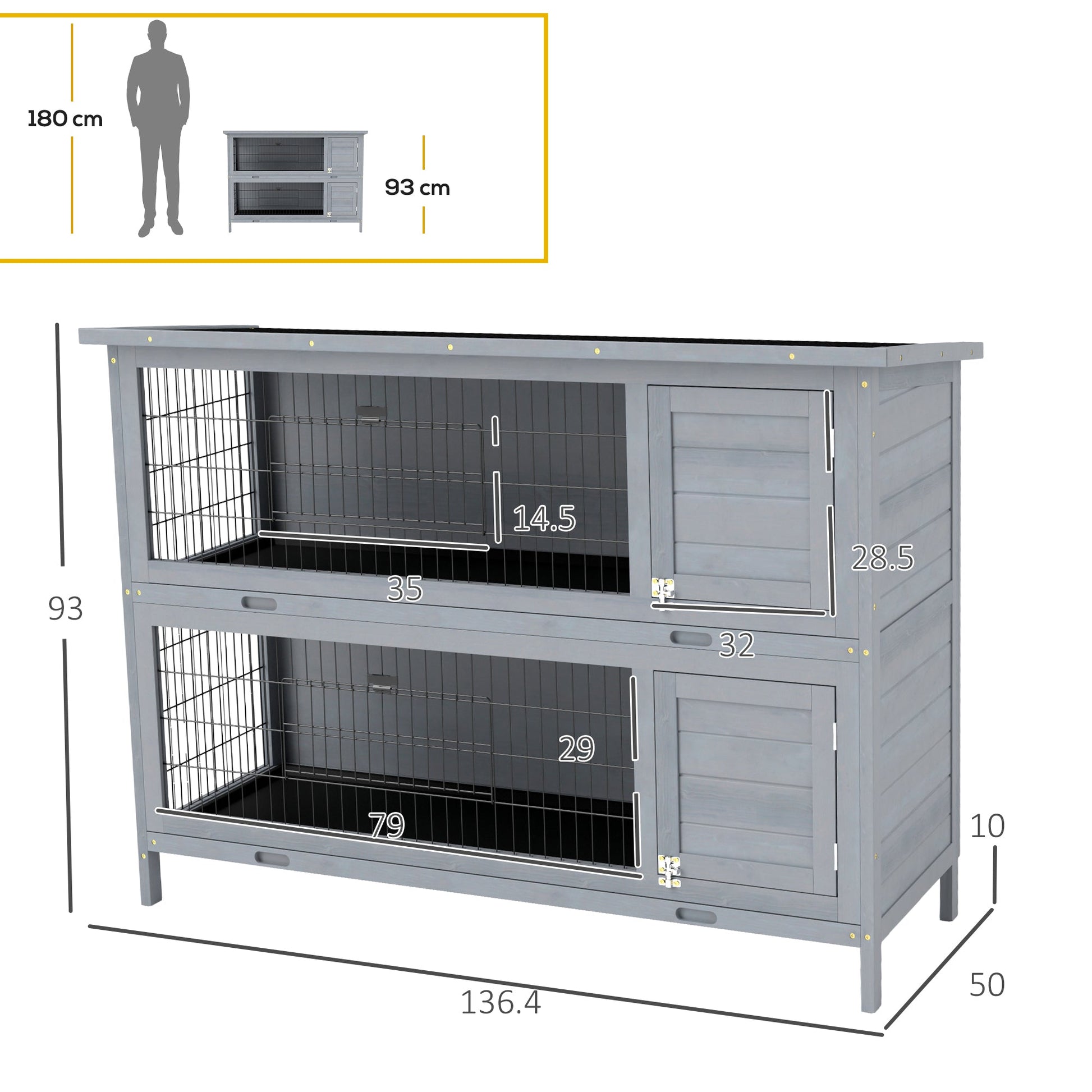 Rabbit Hutch Outdoor Guinea Pig Hutch Bunny Cage with No-Leak Trays, Divider, 136 x 50 x 93cm, Grey