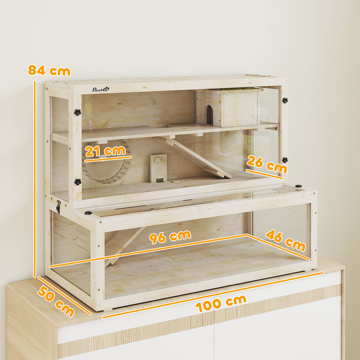 Wooden Hamster Cage, Large Gerbil Cage with Hut, Wheel, Ramps, 3 Tier Small Animal Habitat with Removable Viewing Panels, 100 x 50 x 84 cm, Natural Wood