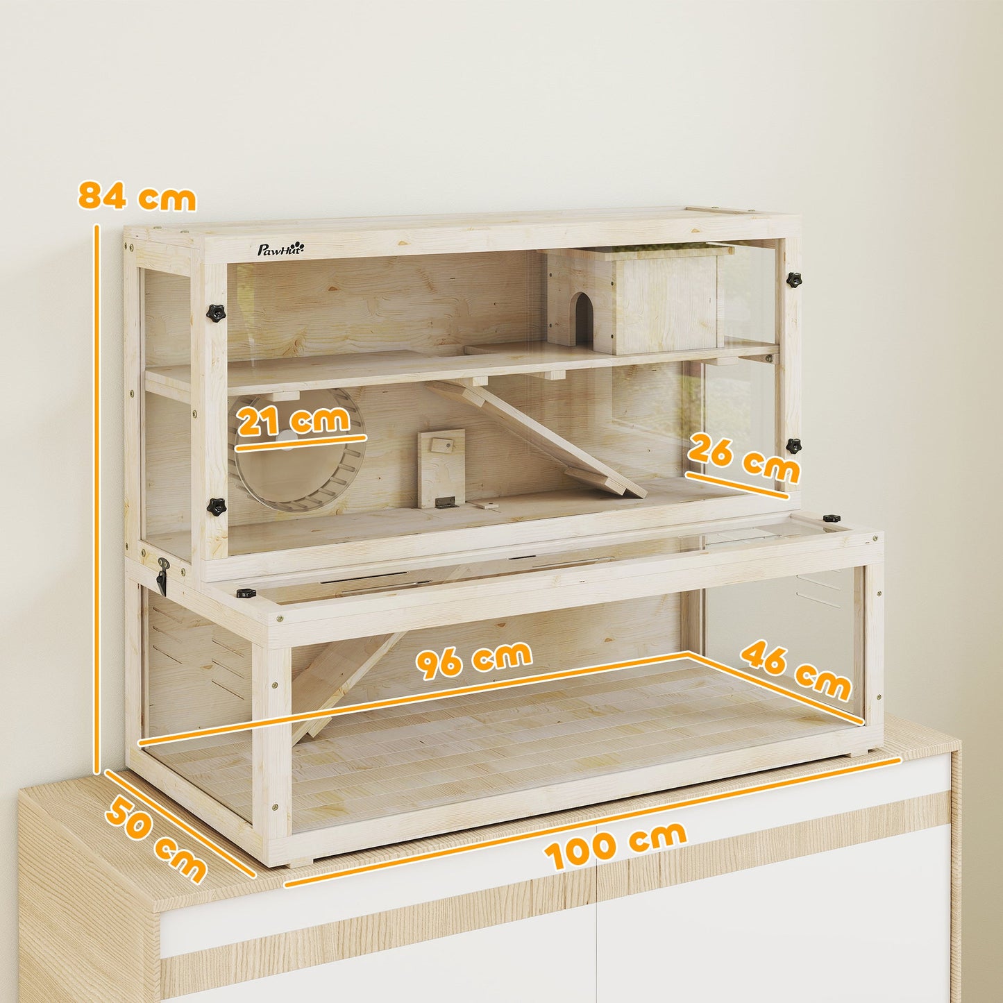 Wooden Hamster Cage, Large Gerbil Cage with Hut, Wheel, Ramps, 3 Tier Small Animal Habitat with Removable Viewing Panels, 100 x 50 x 84 cm, Natural Wood