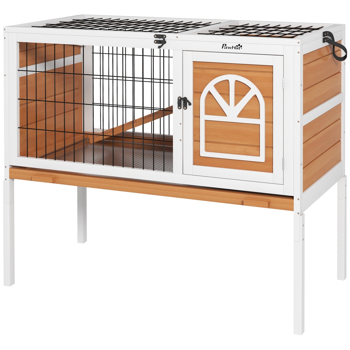 Wooden Rabbit Hutch, Elevated Guinea Pig Cage w/ Openable Roof, Ladder, Removable Tray, 90 x 53 x 87cm - Yellow