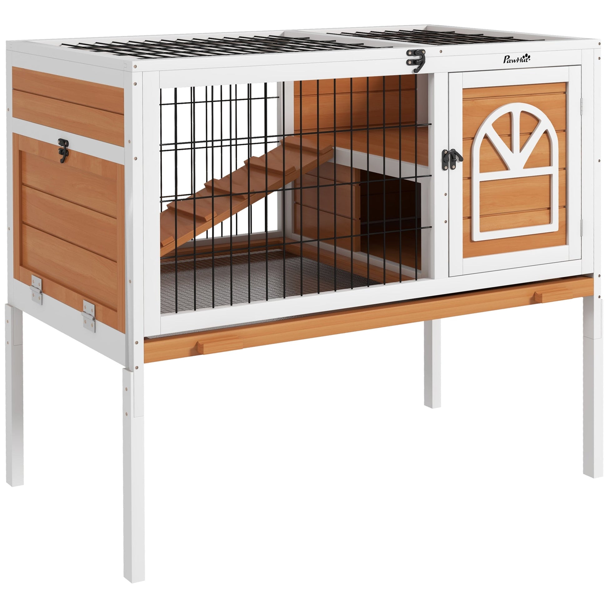 Wooden Rabbit Hutch, Elevated Guinea Pig Cage w/ Openable Roof, Ladder, Removable Tray, 90 x 53 x 87cm - Yellow