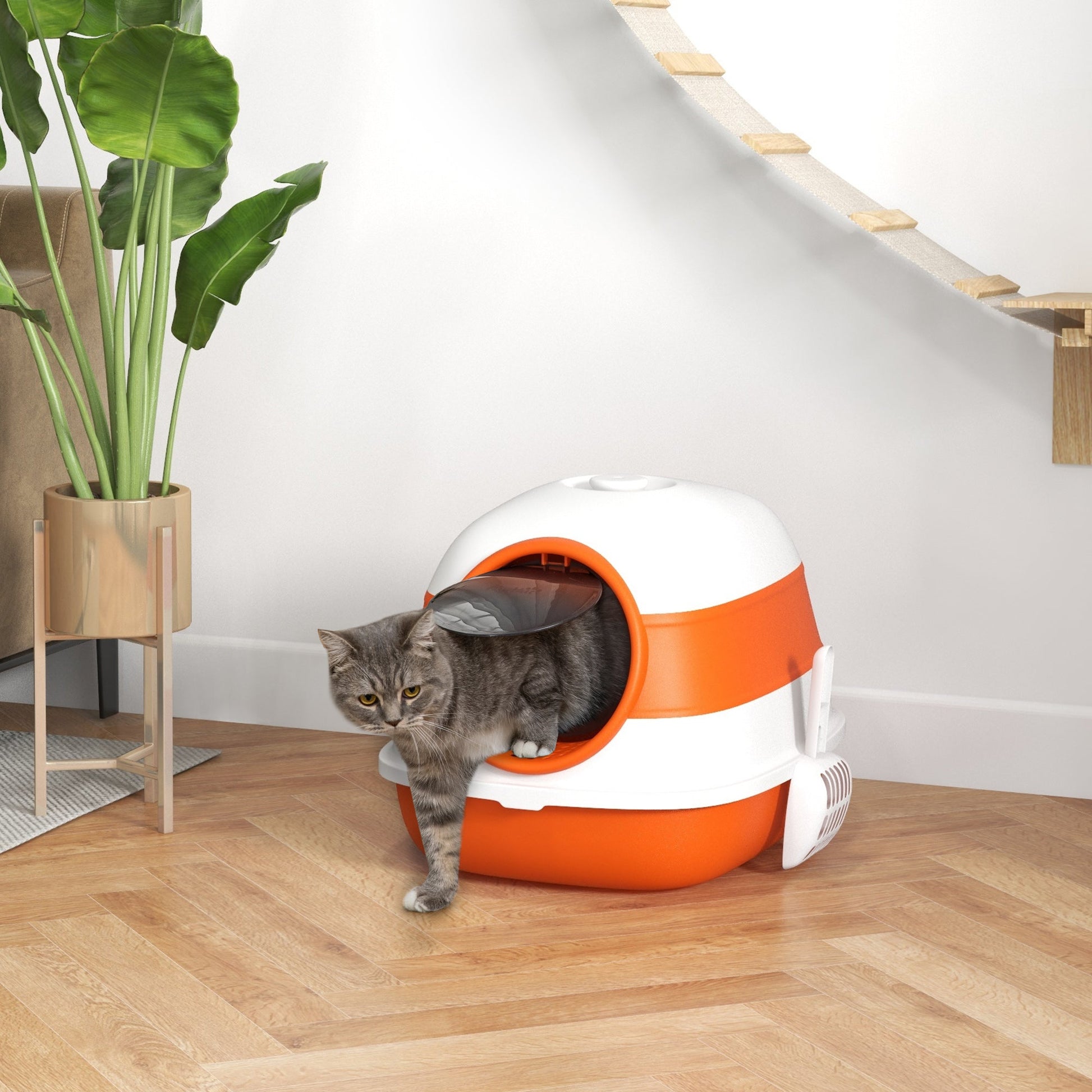 Foldable Cat Litter Box with Lid, Hooded Cat Litter Tray with High Sides, Air Freshener, Large Two-Way Entrance, Scoop, Orange