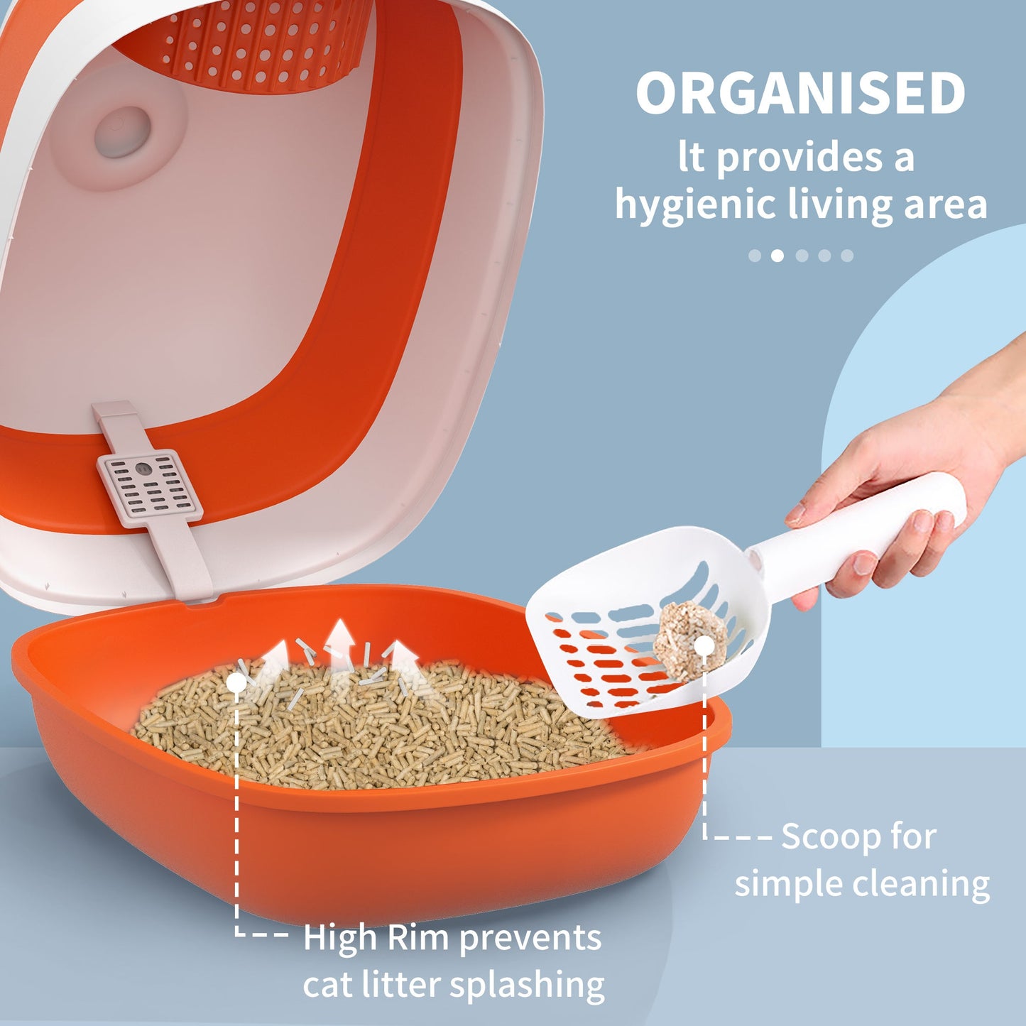 Foldable Cat Litter Box with Lid, Hooded Cat Litter Tray with High Sides, Air Freshener, Large Two-Way Entrance, Scoop, Orange