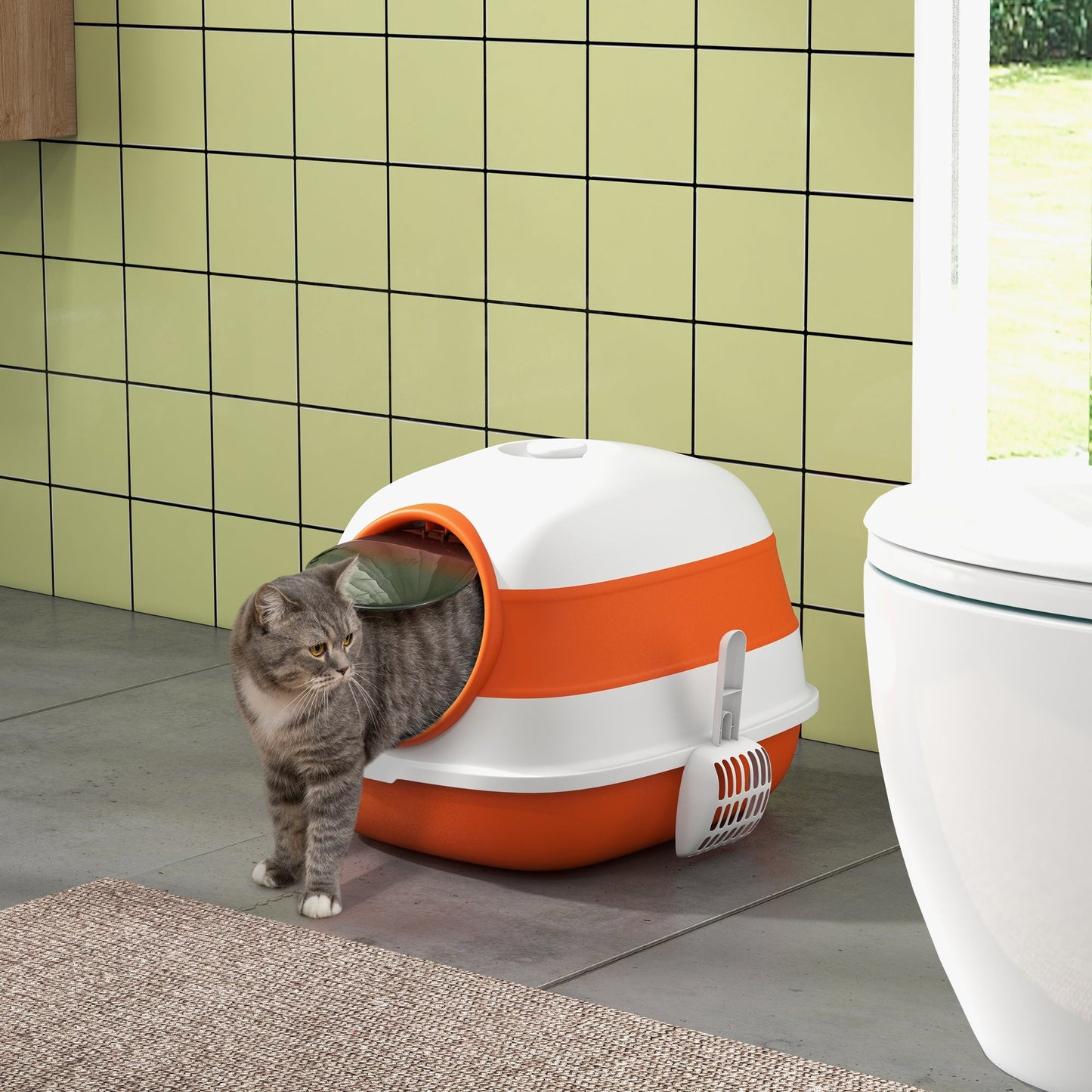 Foldable Cat Litter Box with Lid, Hooded Cat Litter Tray with High Sides, Air Freshener, Large Two-Way Entrance, Scoop, Orange