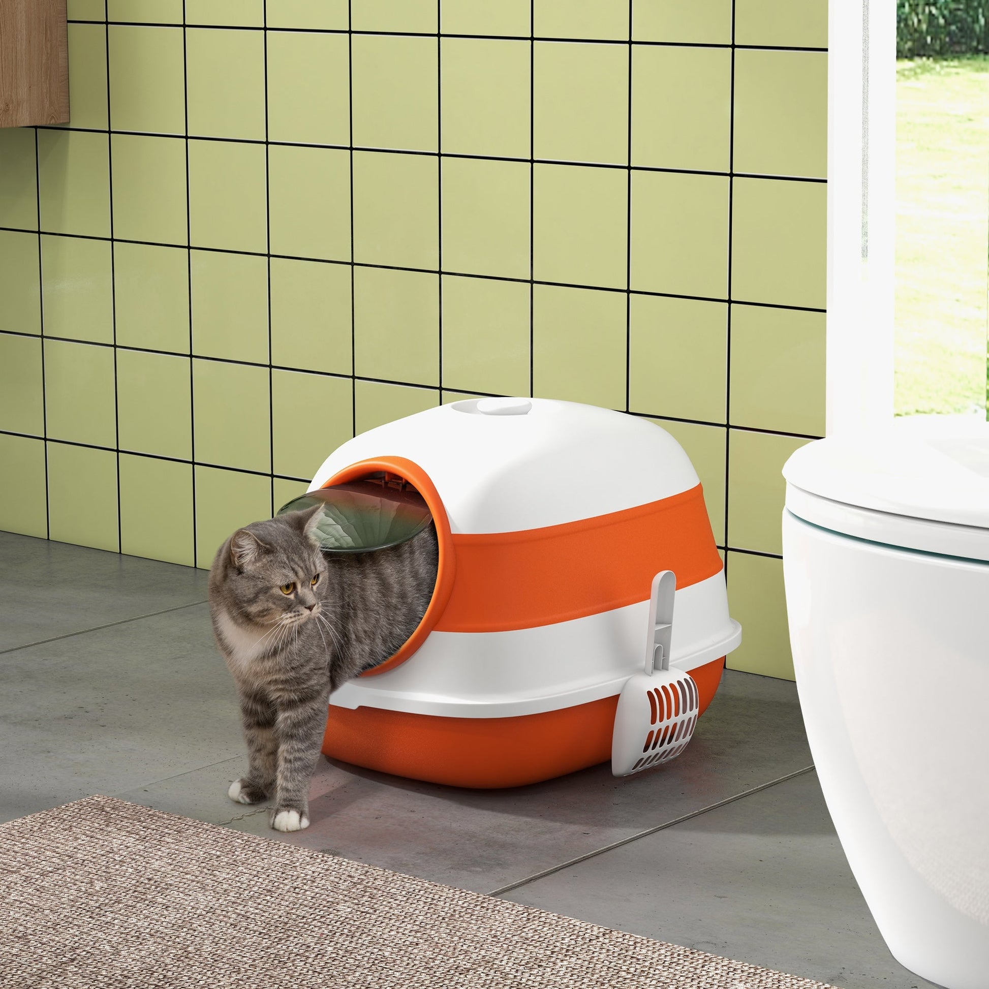 Foldable Cat Litter Box with Lid, Hooded Cat Litter Tray with High Sides, Air Freshener, Large Two-Way Entrance, Scoop, Orange