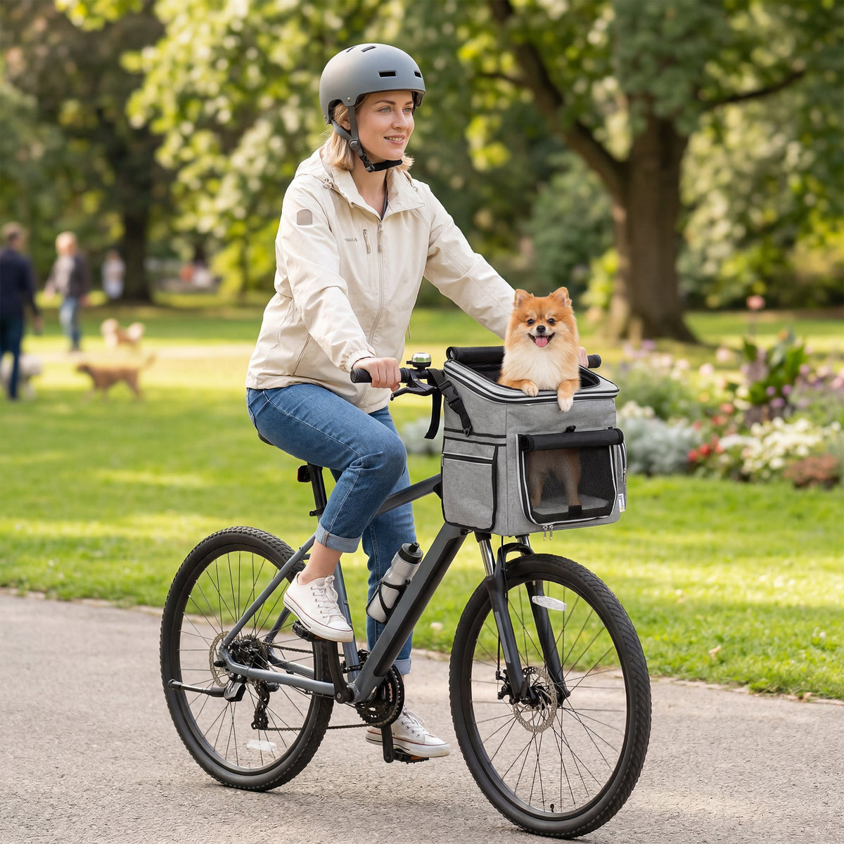 Dog Bike Basket, Soft-Sided Pet Carrier with Security Leash, Mesh Door & Window, Plush Cushion, Bowl for Small Dogs Cats, Up to 5 kg, Portable Breathable, Light Grey