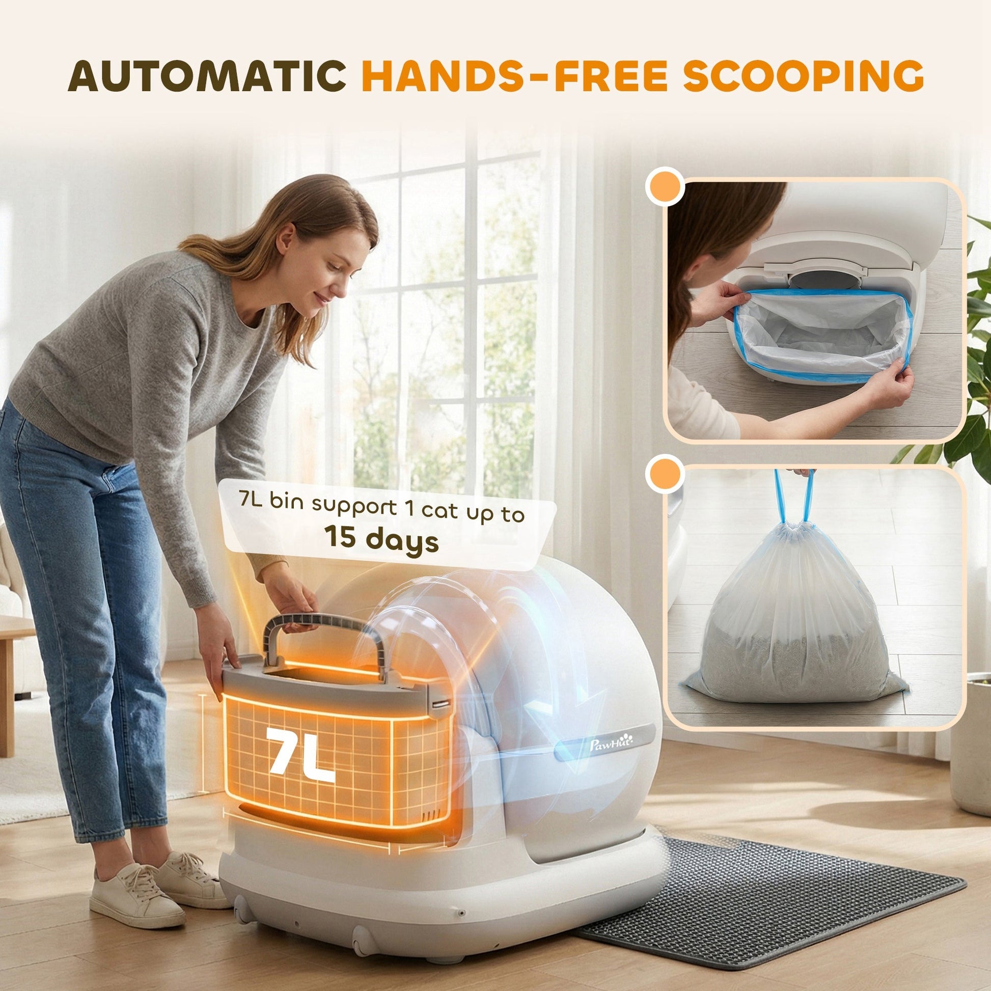 Self Cleaning Cat Litter Tray, App Control, 72L Extra Large Automatic Cat Litter Box for Multiple Cats, Anti-Pinch, Odor & Noise Control, Deodorant Gel, Litter Mat, 1 Roll Rubbish Bag