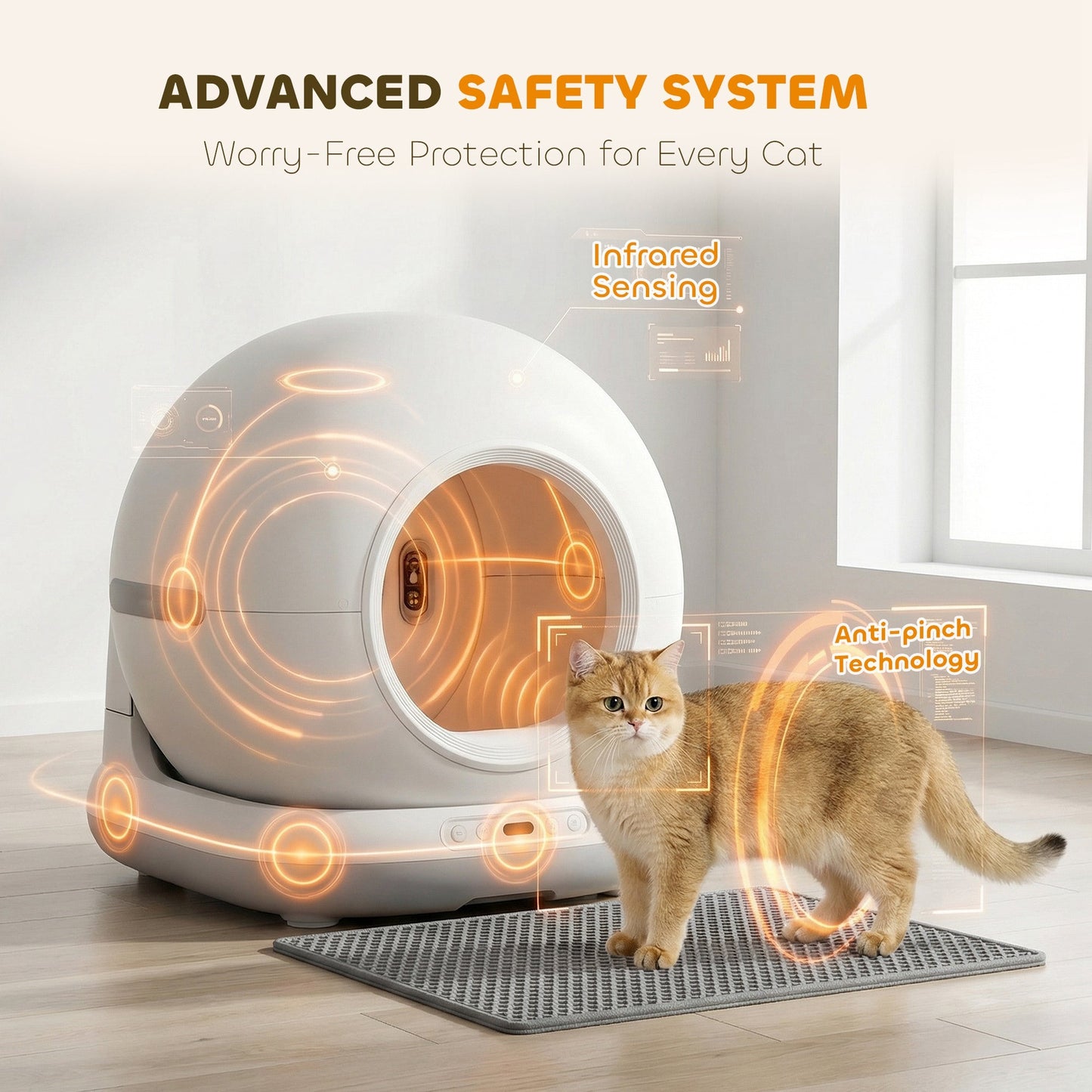 Self Cleaning Cat Litter Tray, App Control, 72L Extra Large Automatic Cat Litter Box for Multiple Cats, Anti-Pinch, Odor & Noise Control, Deodorant Gel, Litter Mat, 1 Roll Rubbish Bag