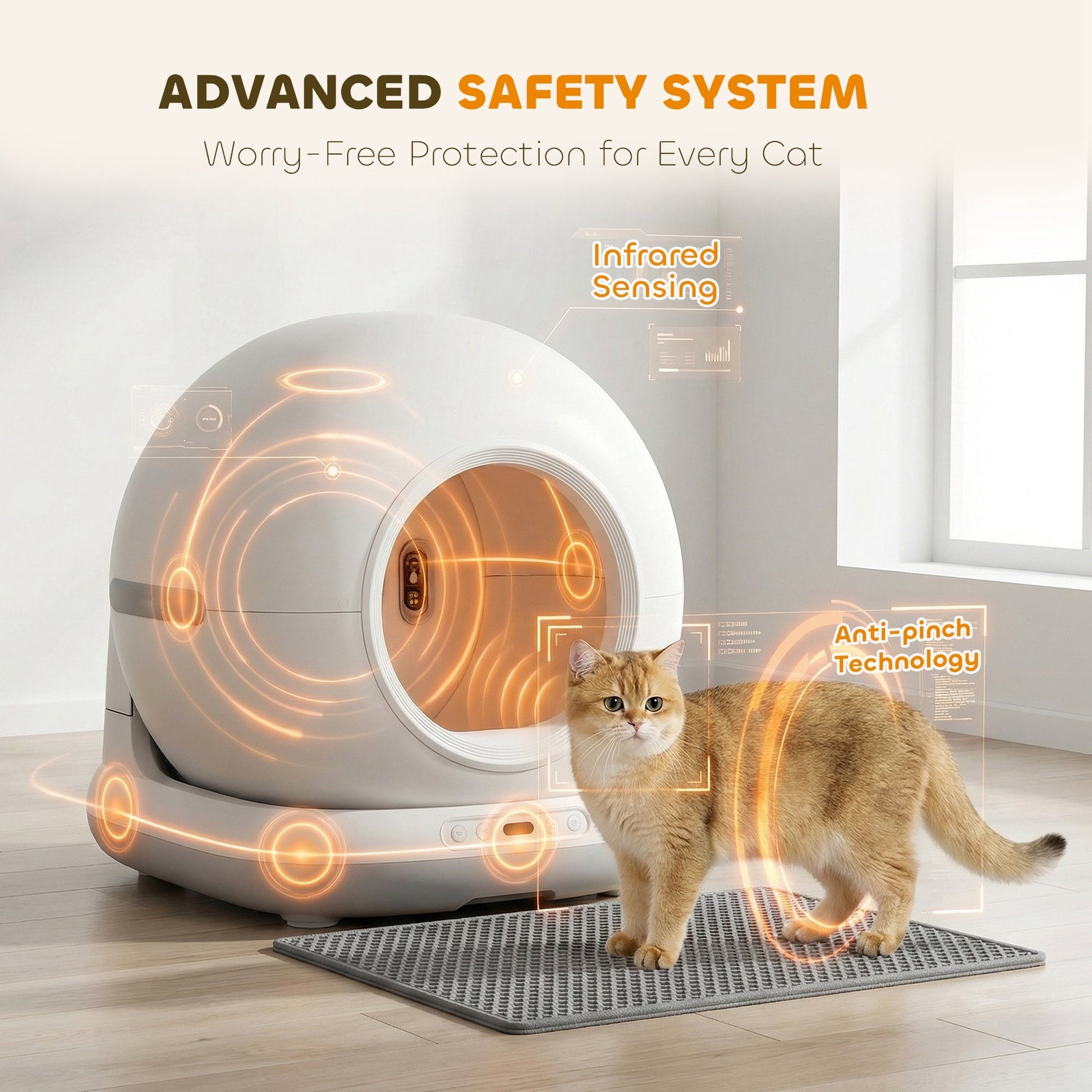 Self Cleaning Cat Litter Tray, App Control, 72L Extra Large Automatic Cat Litter Box for Multiple Cats, Anti-Pinch, Odor & Noise Control, Deodorant Gel, Litter Mat, 1 Roll Rubbish Bag