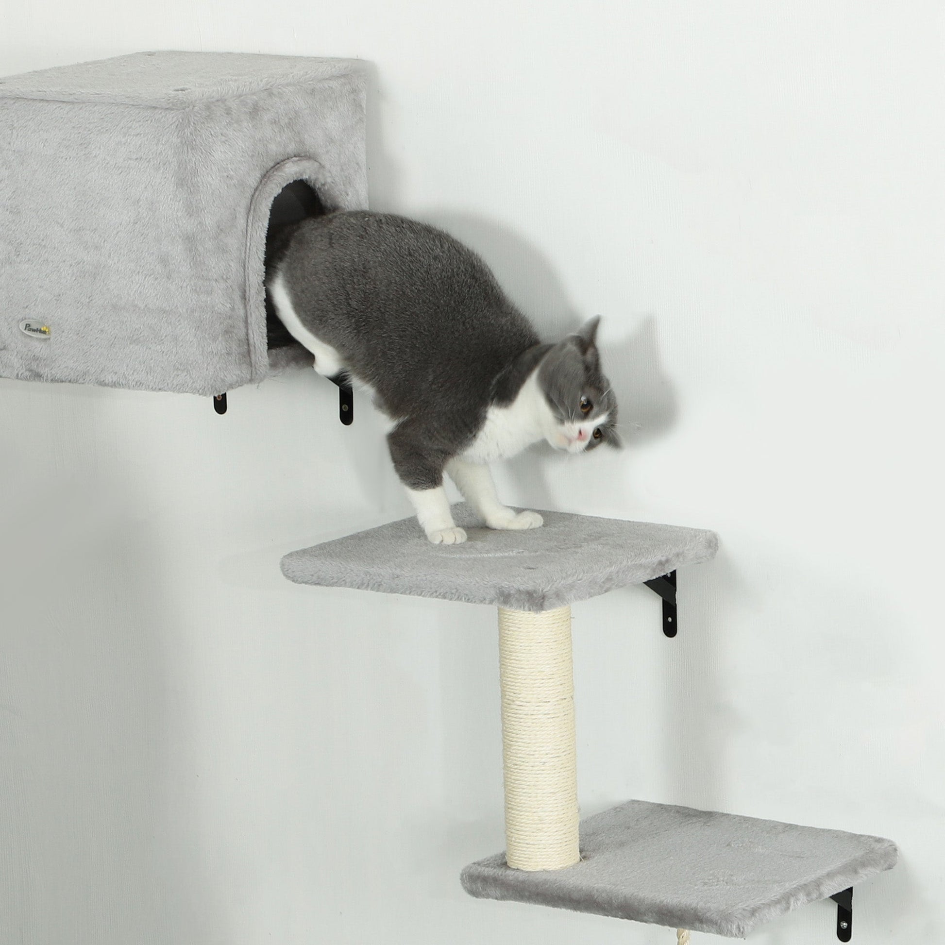 Cat Wall Shelves, 6-Piece Cat Wall Furniture Set with Condo, Platforms, Sisal Scratching Post, Bed and Toy Ball, for Climbing, Sleeping, Playing, Grey
