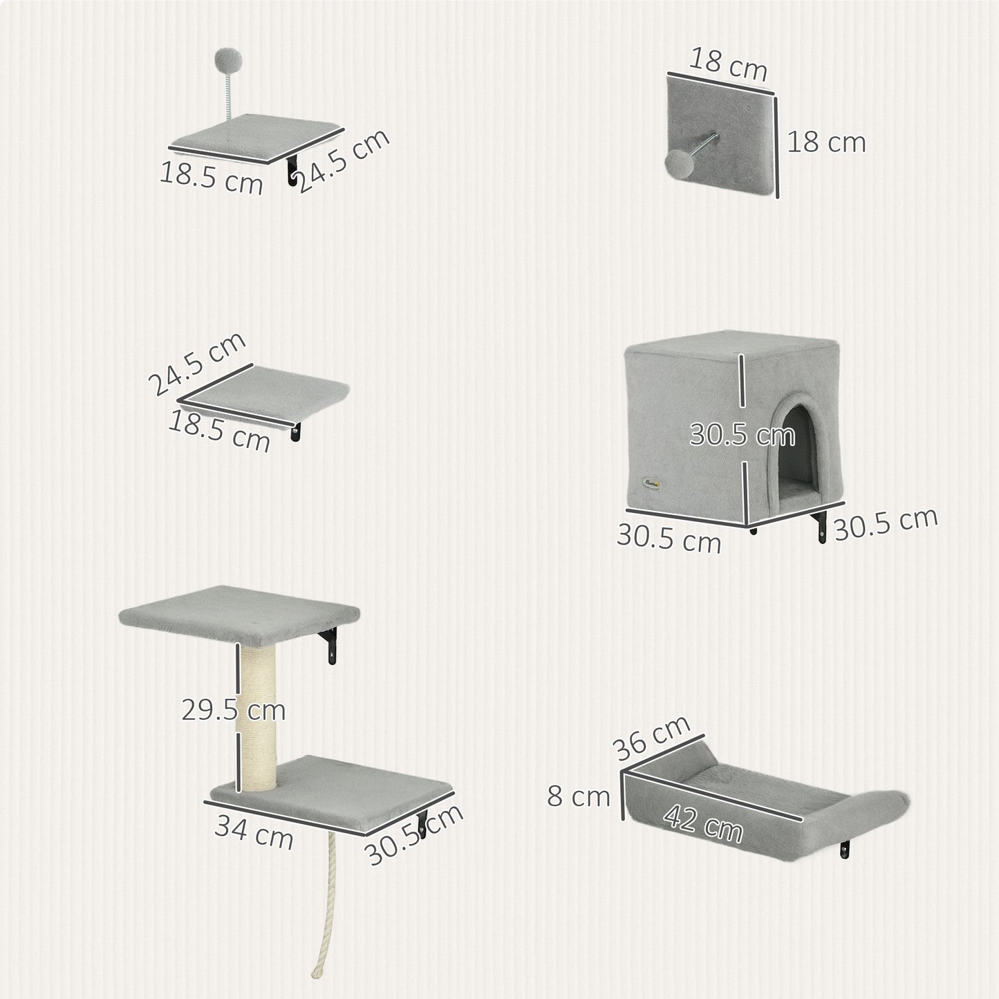 Cat Wall Shelves, 6-Piece Cat Wall Furniture Set with Condo, Platforms, Sisal Scratching Post, Bed and Toy Ball, for Climbing, Sleeping, Playing, Grey