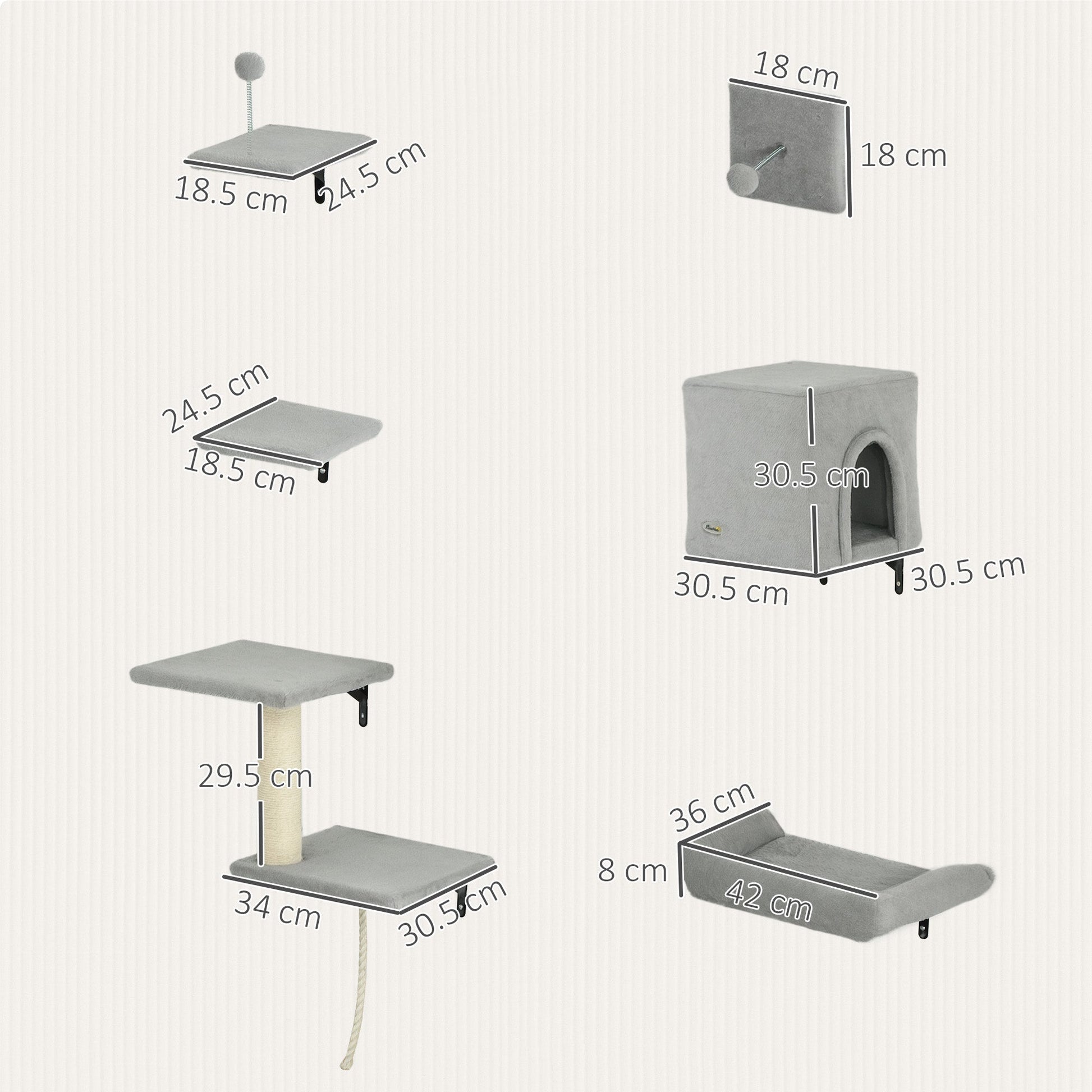 Cat Wall Shelves, 6-Piece Cat Wall Furniture Set with Condo, Platforms, Sisal Scratching Post, Bed and Toy Ball, for Climbing, Sleeping, Playing, Grey