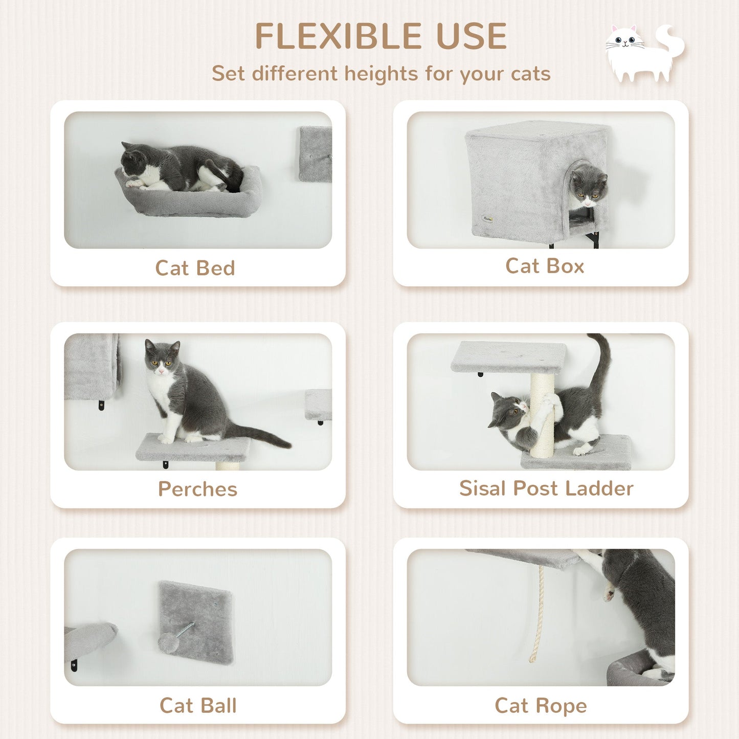 Cat Wall Shelves, 6-Piece Cat Wall Furniture Set with Condo, Platforms, Sisal Scratching Post, Bed and Toy Ball, for Climbing, Sleeping, Playing, Grey