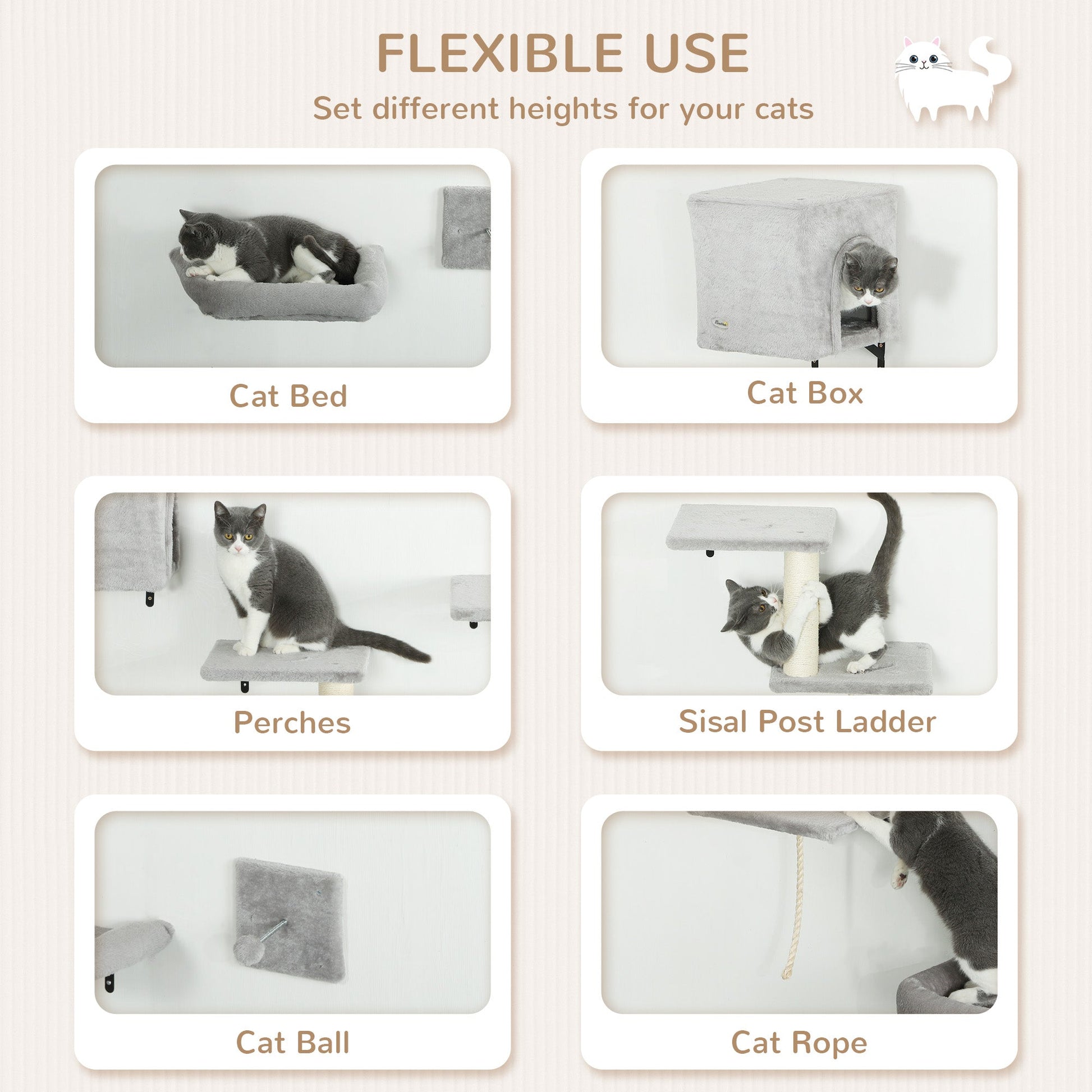 Cat Wall Shelves, 6-Piece Cat Wall Furniture Set with Condo, Platforms, Sisal Scratching Post, Bed and Toy Ball, for Climbing, Sleeping, Playing, Grey