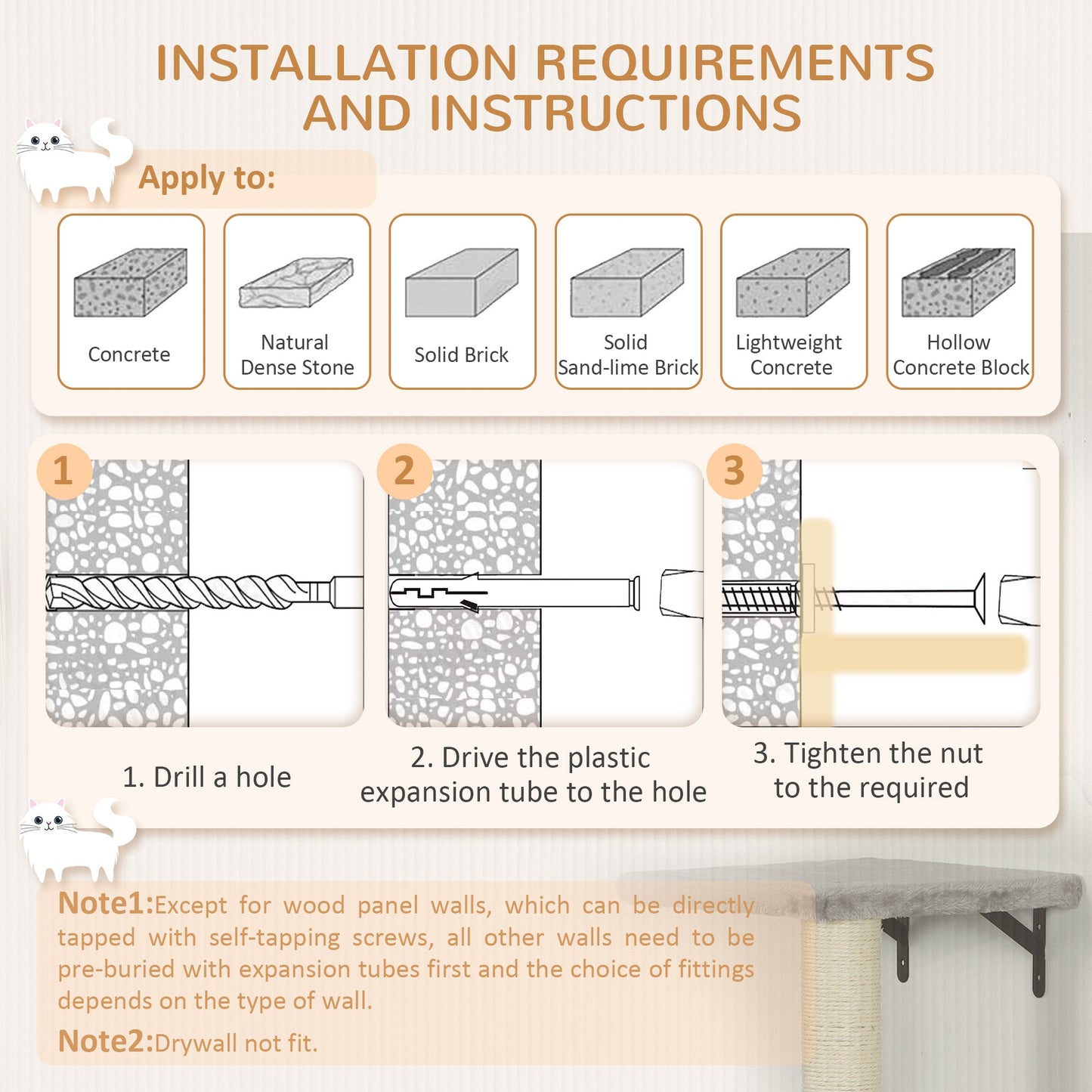 Cat Wall Shelves, 6-Piece Cat Wall Furniture Set with Condo, Platforms, Sisal Scratching Post, Bed and Toy Ball, for Climbing, Sleeping, Playing, Grey