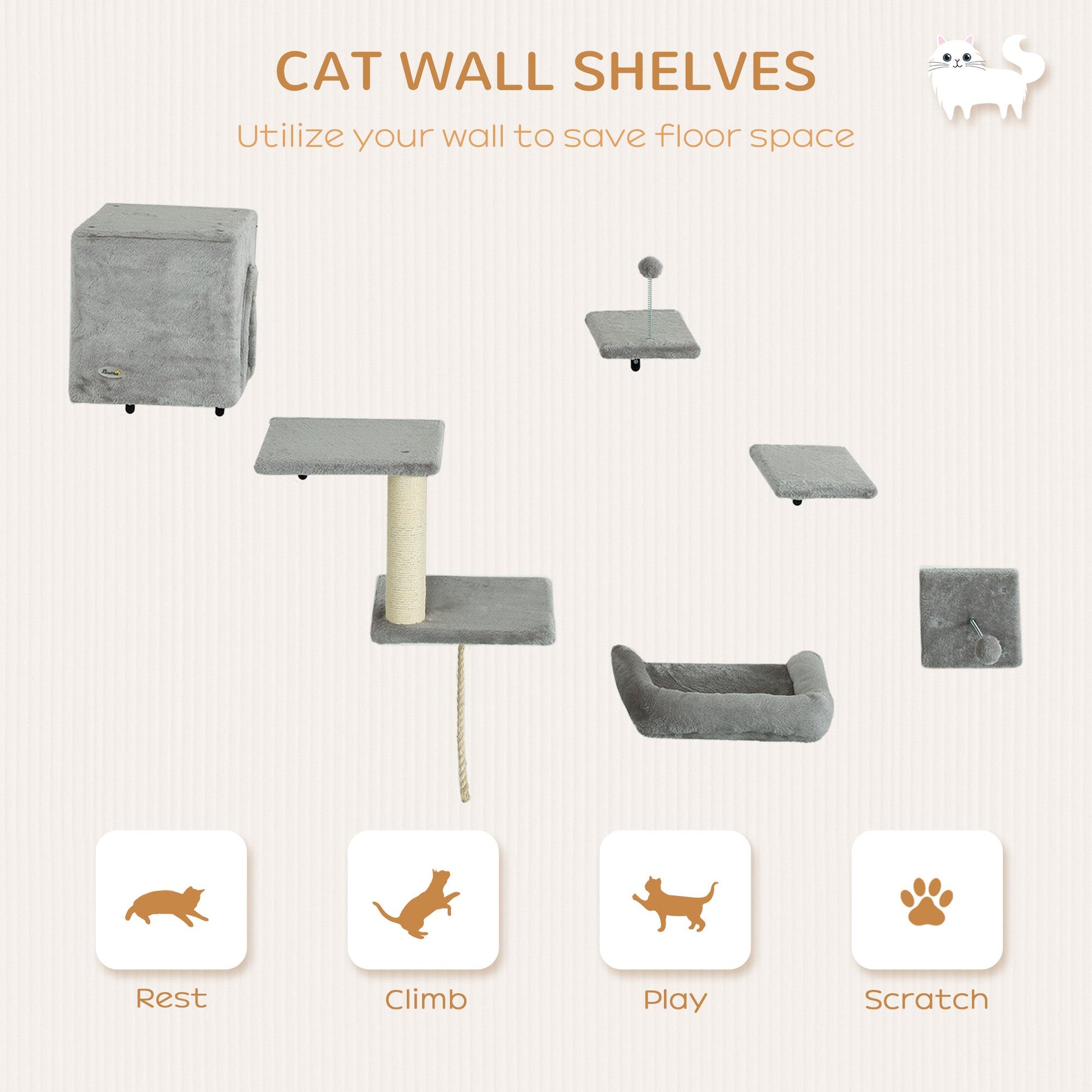 Cat Wall Shelves, 6-Piece Cat Wall Furniture Set with Condo, Platforms, Sisal Scratching Post, Bed and Toy Ball, for Climbing, Sleeping, Playing, Grey