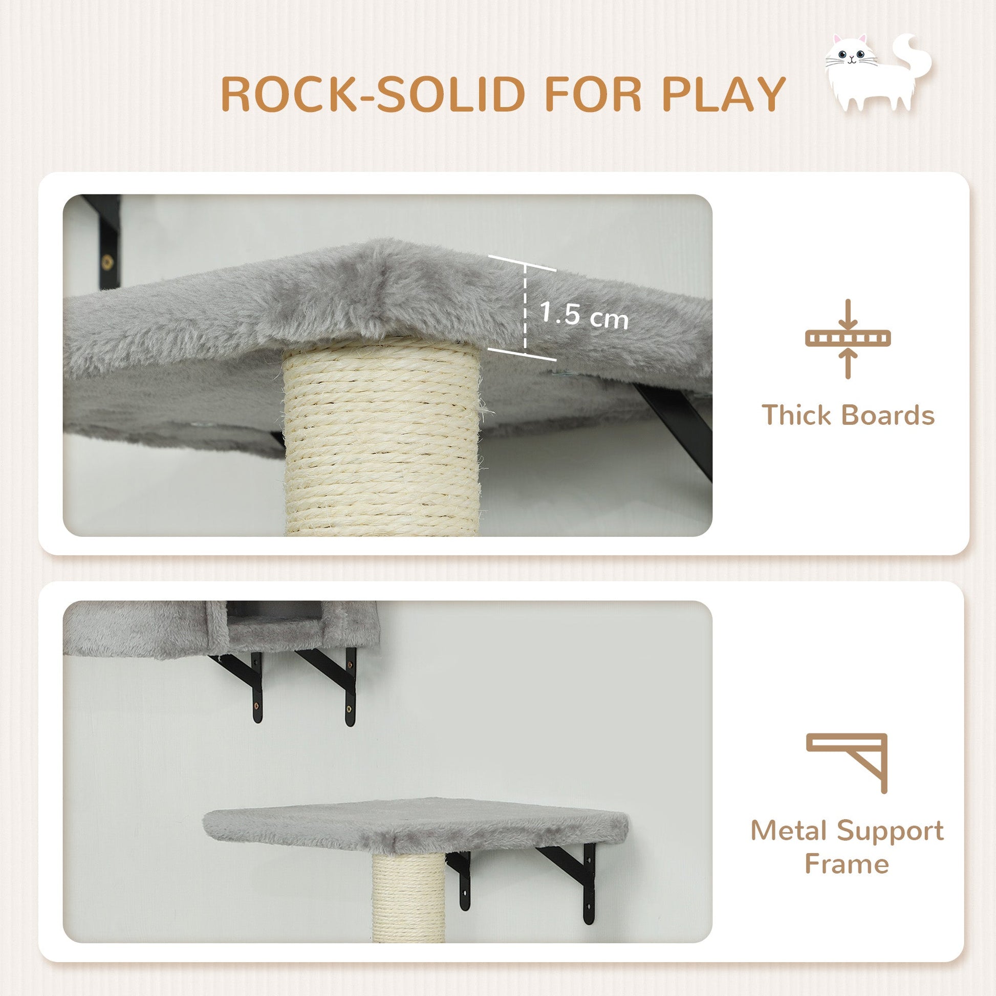 Cat Wall Shelves, 6-Piece Cat Wall Furniture Set with Condo, Platforms, Sisal Scratching Post, Bed and Toy Ball, for Climbing, Sleeping, Playing, Grey