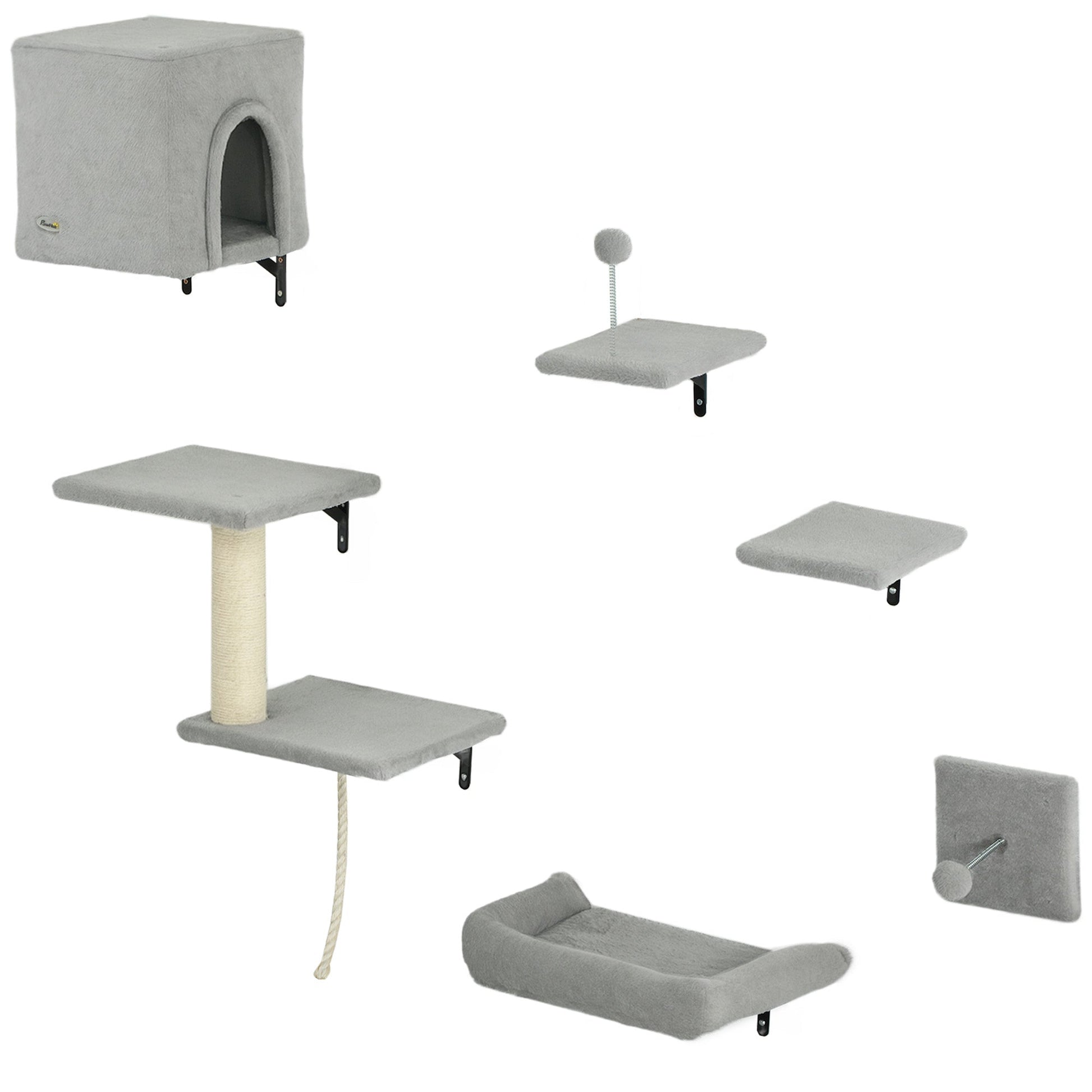 Cat Wall Shelves, 6-Piece Cat Wall Furniture Set with Condo, Platforms, Sisal Scratching Post, Bed and Toy Ball, for Climbing, Sleeping, Playing, Grey