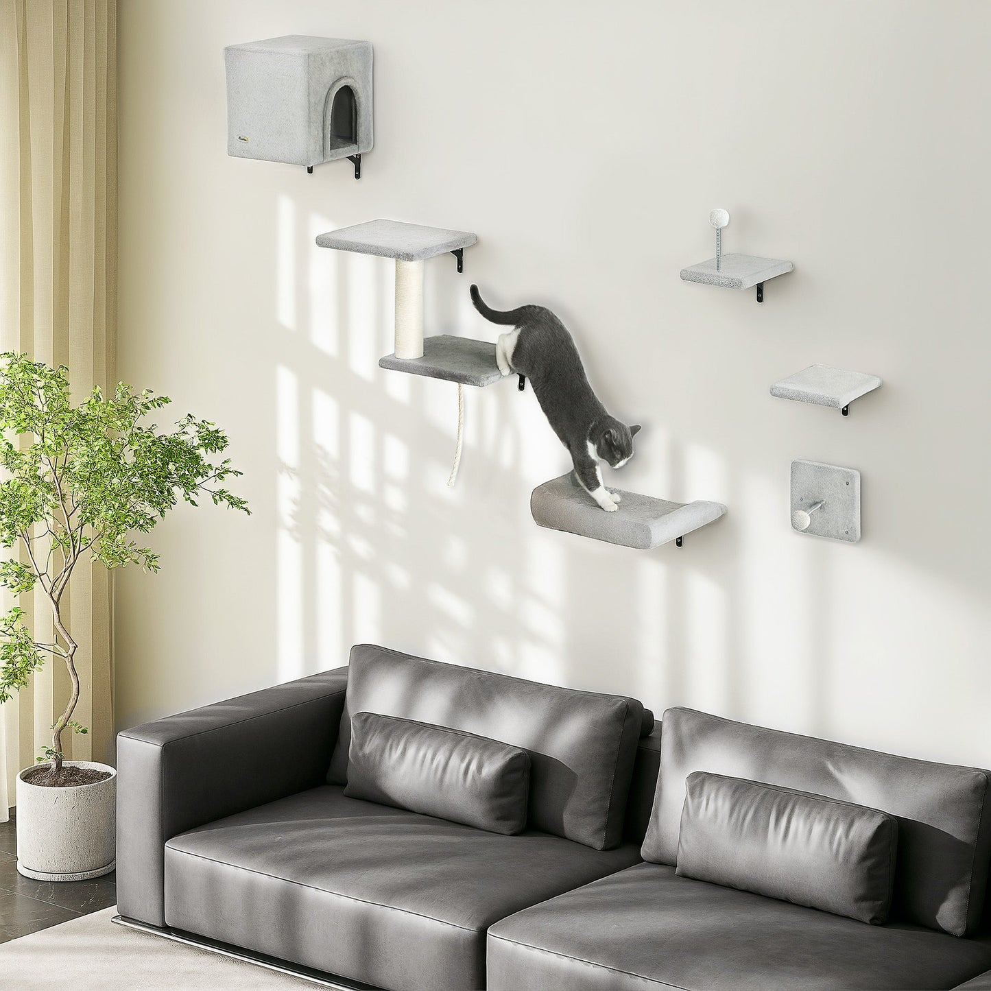 Cat Wall Shelves, 6-Piece Cat Wall Furniture Set with Condo, Platforms, Sisal Scratching Post, Bed and Toy Ball, for Climbing, Sleeping, Playing, Grey