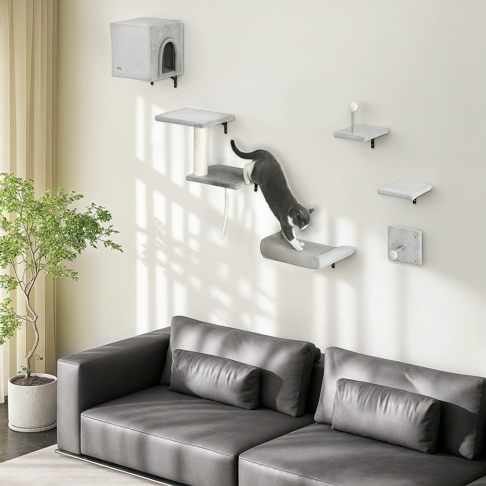 Cat Wall Shelves, 6-Piece Cat Wall Furniture Set with Condo, Platforms, Sisal Scratching Post, Bed and Toy Ball, for Climbing, Sleeping, Playing, Grey