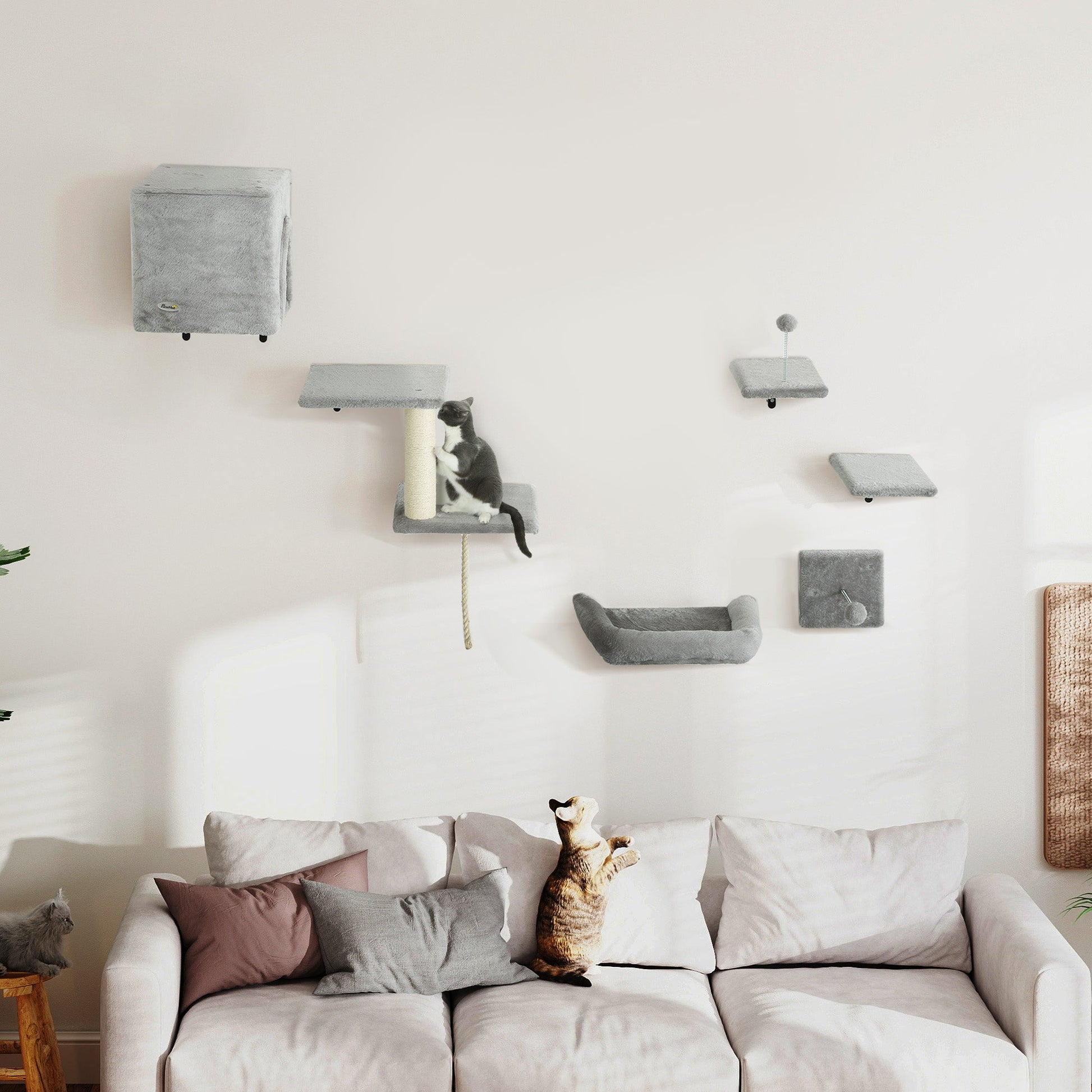 Cat Wall Shelves, 6-Piece Cat Wall Furniture Set with Condo, Platforms, Sisal Scratching Post, Bed and Toy Ball, for Climbing, Sleeping, Playing, Grey