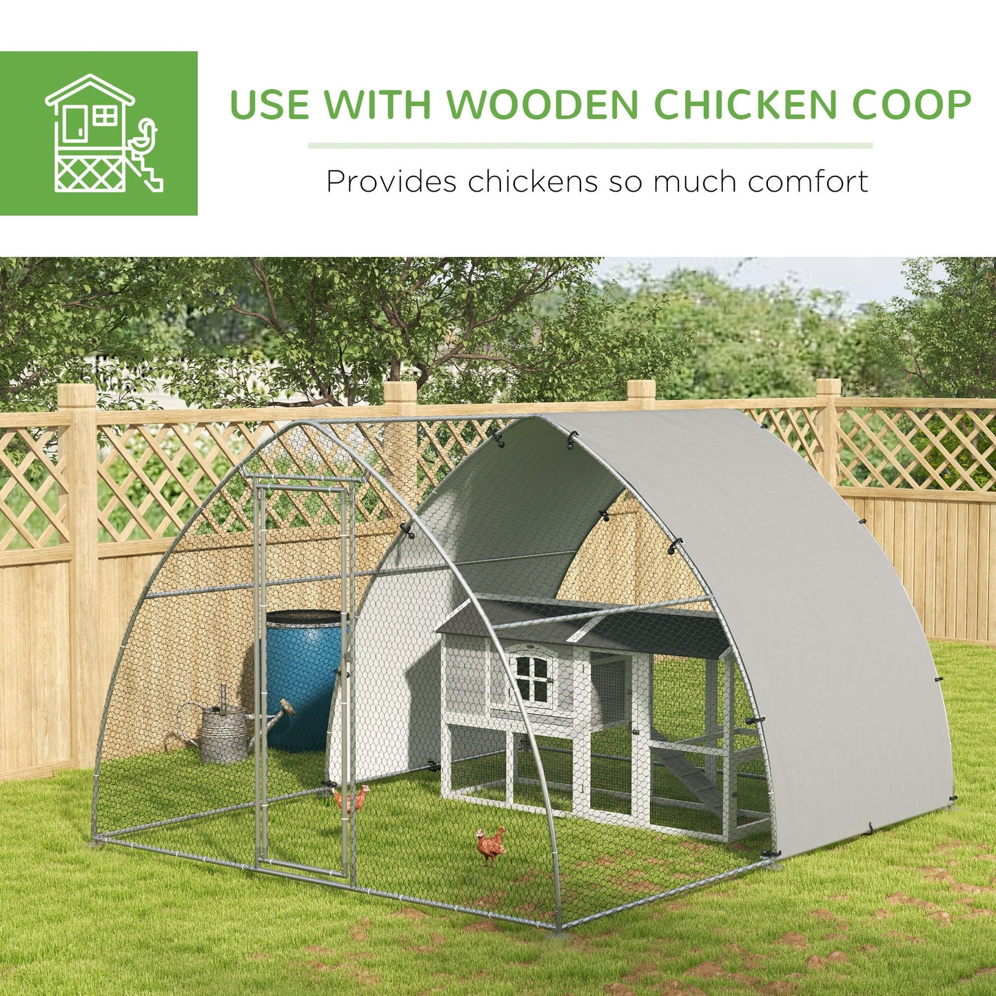 Walk In Chicken Run, Galvanised Chicken Coop Outdoor with Cover, Poultry Cage, for 8-12 Chickens, Hens, Ducks, Rabbits, 3 x 3.8 x 2.2m - Silver Tone