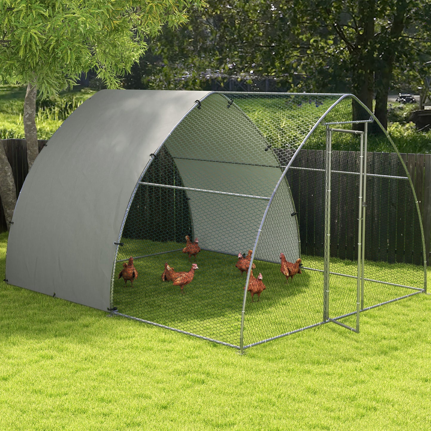 Walk In Chicken Run, Galvanised Chicken Coop Outdoor with Cover, Poultry Cage, for 8-12 Chickens, Hens, Ducks, Rabbits, 3 x 3.8 x 2.2m - Silver Tone