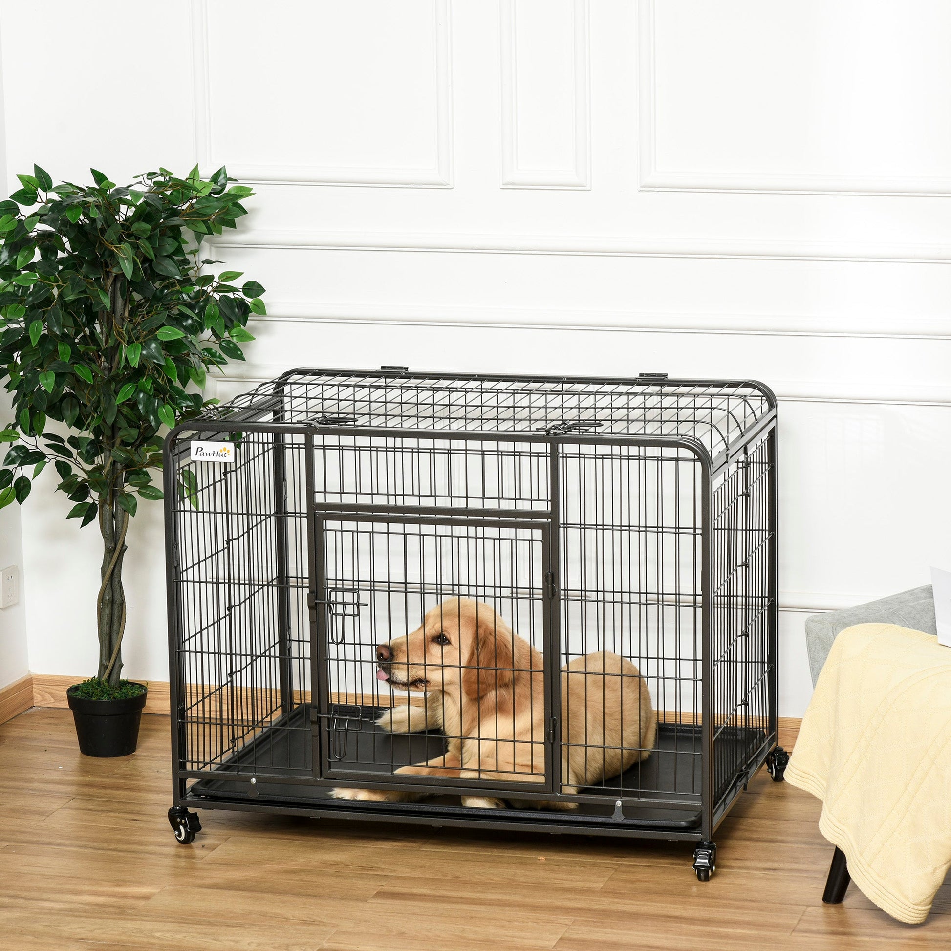 Metal Dog Cage Kennel Locking Door & Wheels Removable Tray Openable Top For Large Pets 109.5 x 71 x 78 cm
