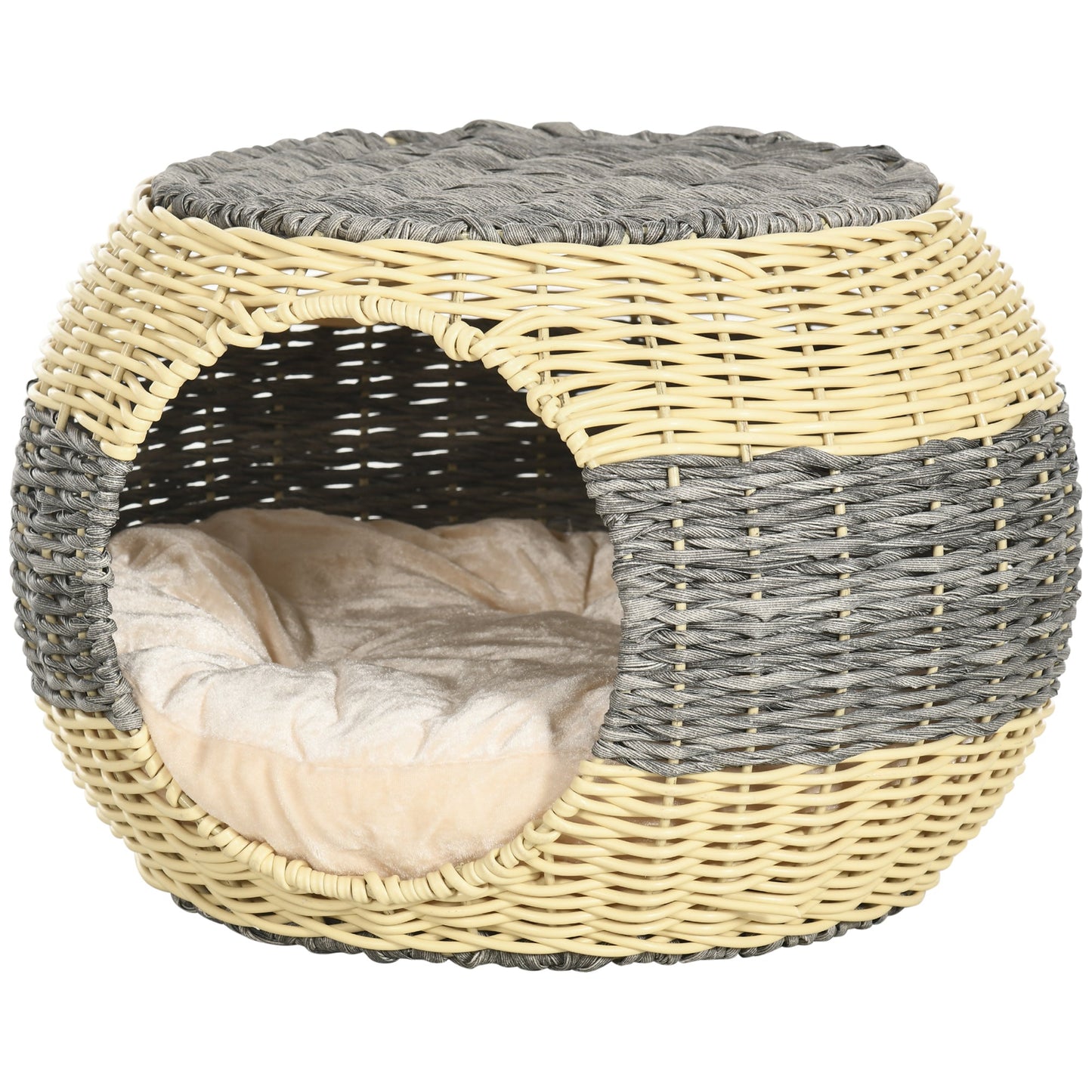 Wicker Cat House, Rattan Raised Cat Bed, Cosy Kitten Cave with Soft Washable Cushion, Φ40 x 30cm