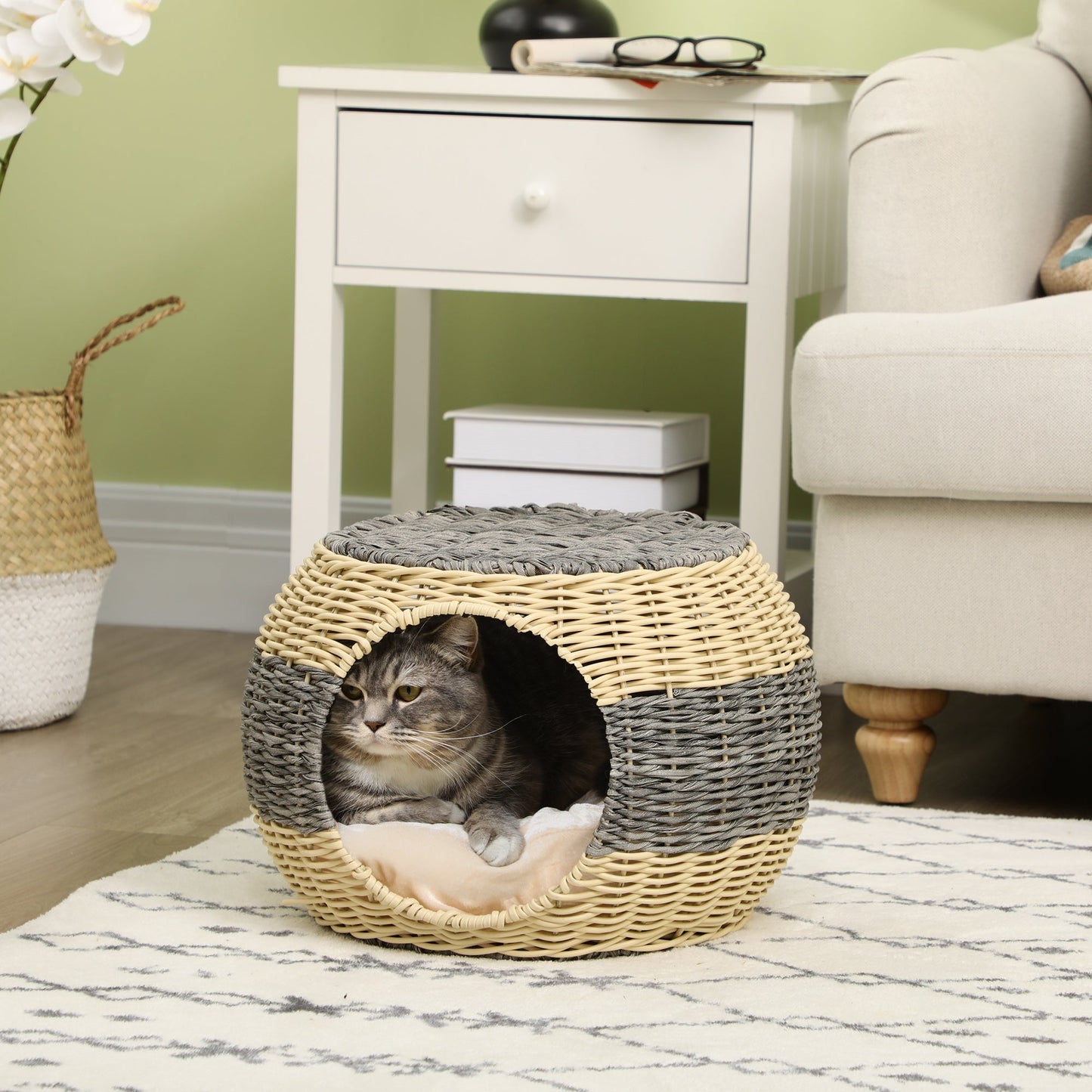 Wicker Cat House, Rattan Raised Cat Bed, Cosy Kitten Cave with Soft Washable Cushion, Φ40 x 30cm